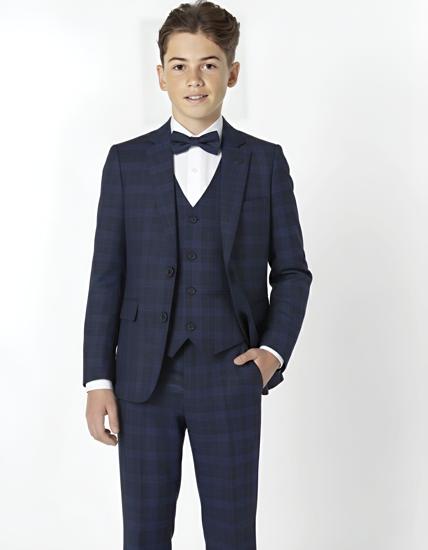 Boys 3pc Premium Navy Blue Plaid Formal Suit for Special Occasion - William | Lucy's