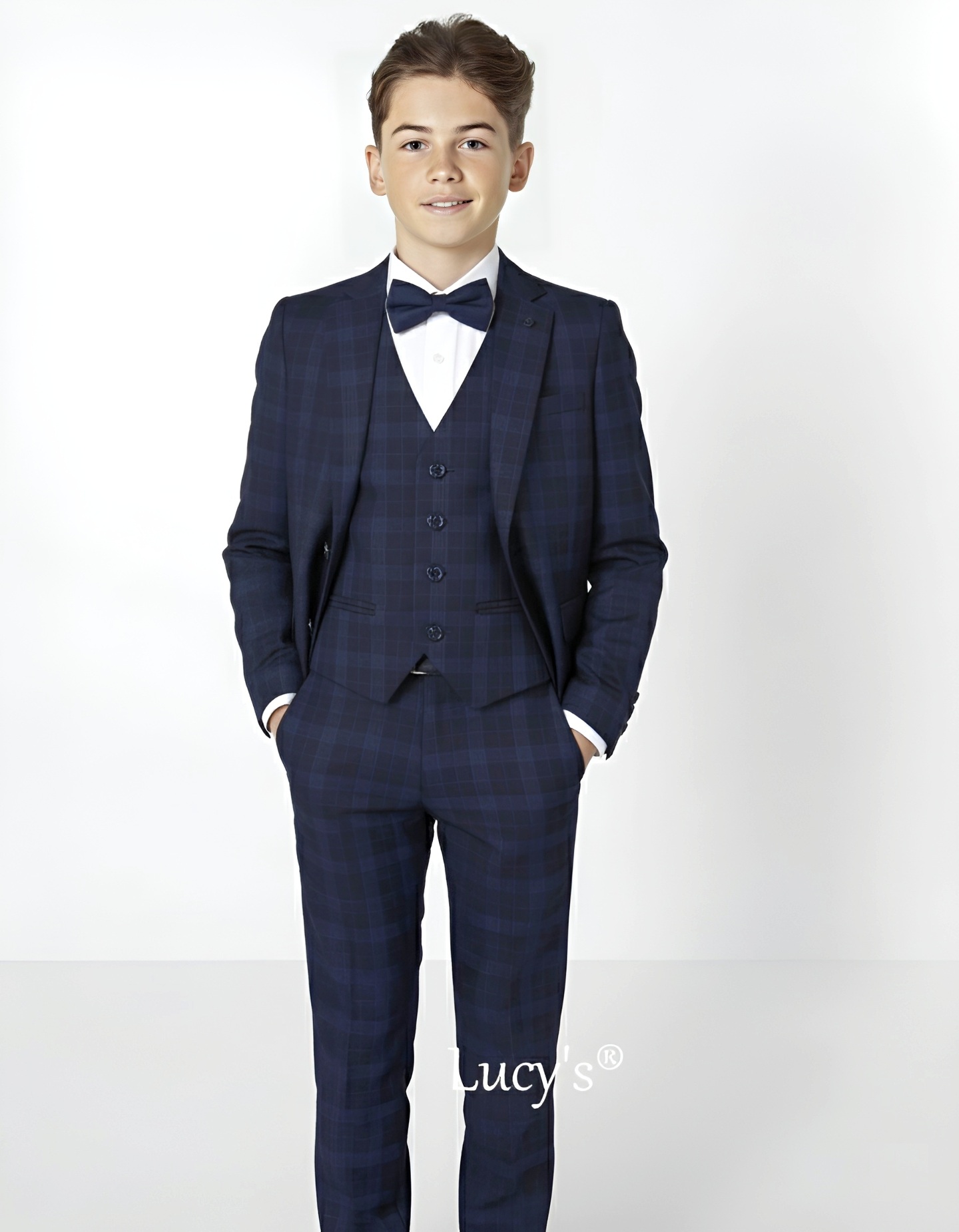 Boys 3pc Premium Navy Blue Plaid Formal Suit for Special Occasion - William | Lucy's