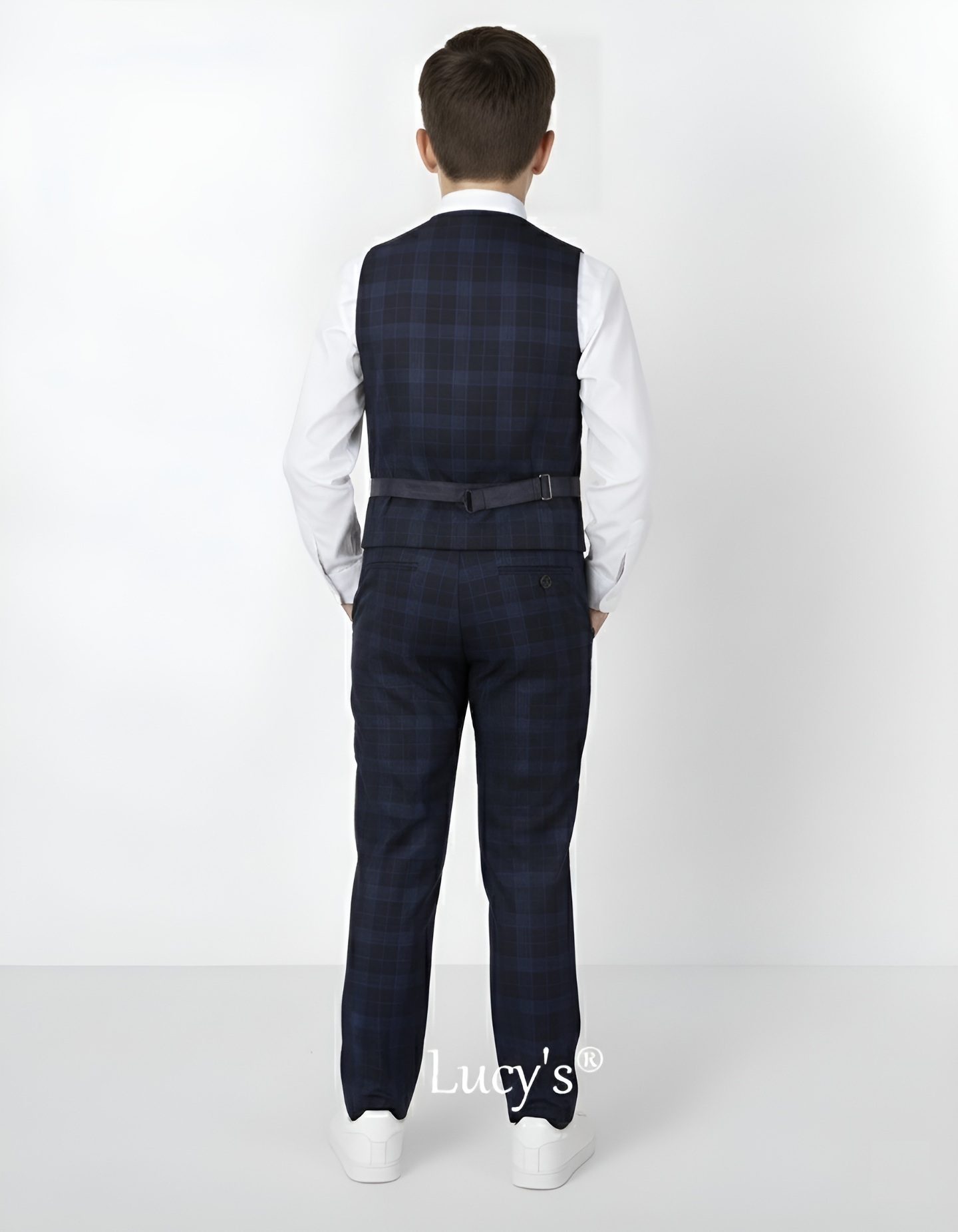 Boys 2pc Premium Navy Blue Plaid Waistcoat & Trousers - William | Lucy's