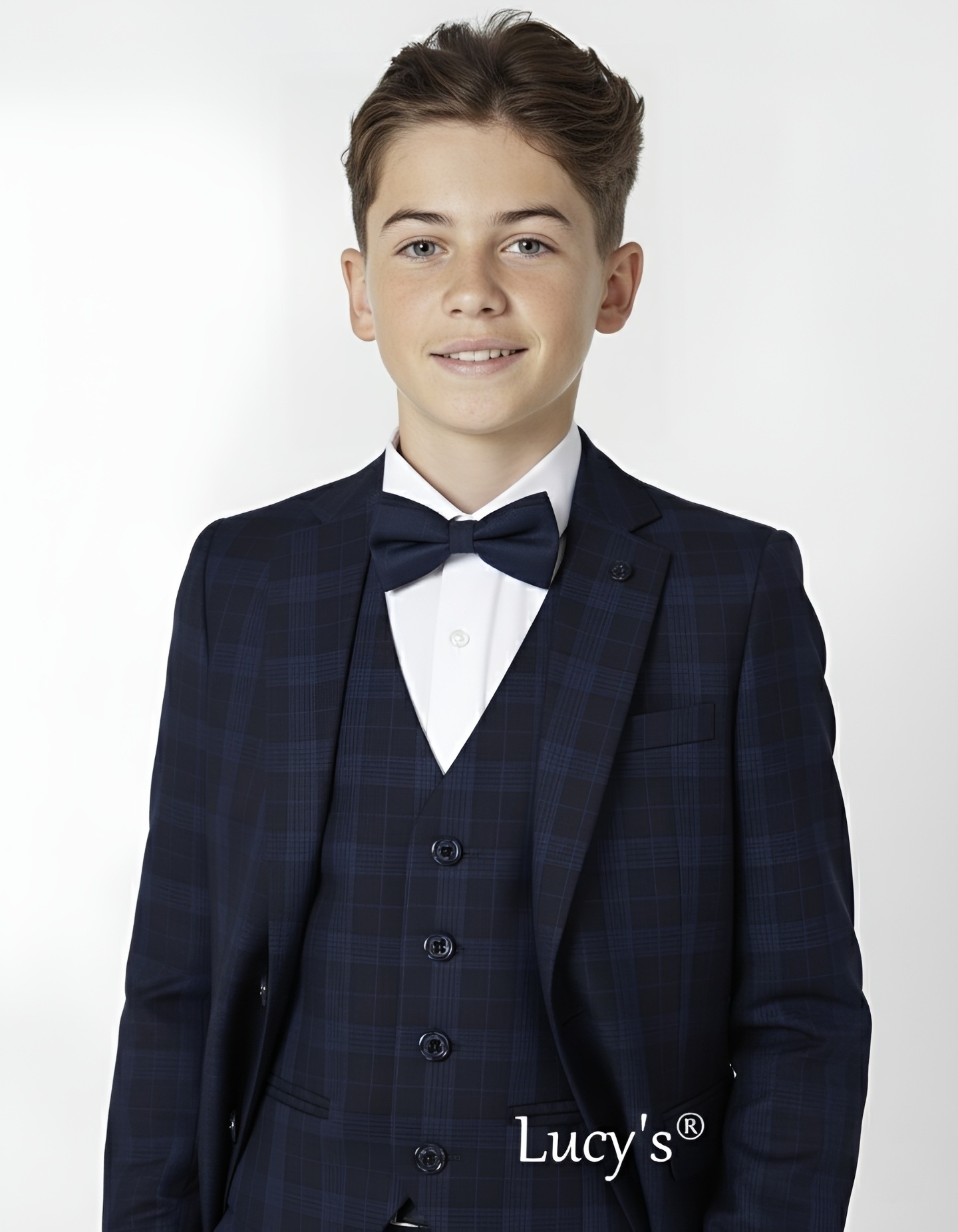 Boys 3pc Premium Navy Blue Plaid Formal Suit for Special Occasion - William | Lucy's