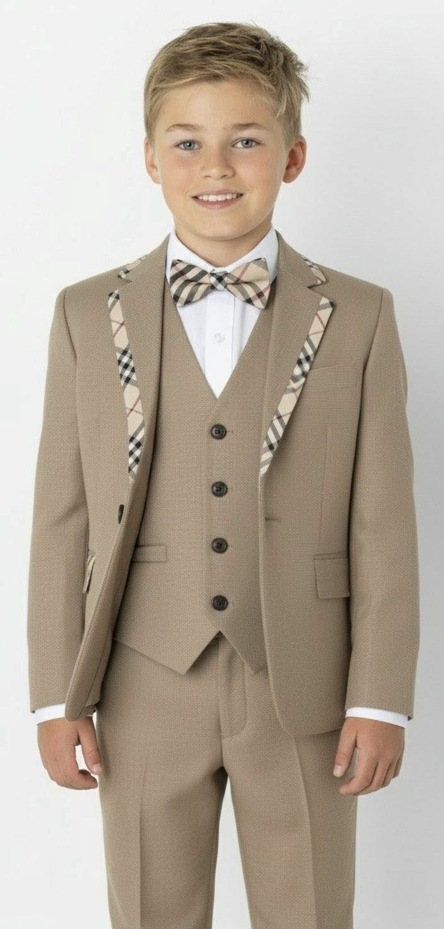 Boys 3pc Premium Brown Suit with Plaid Lapel for Special Occasions - George | Lucy's