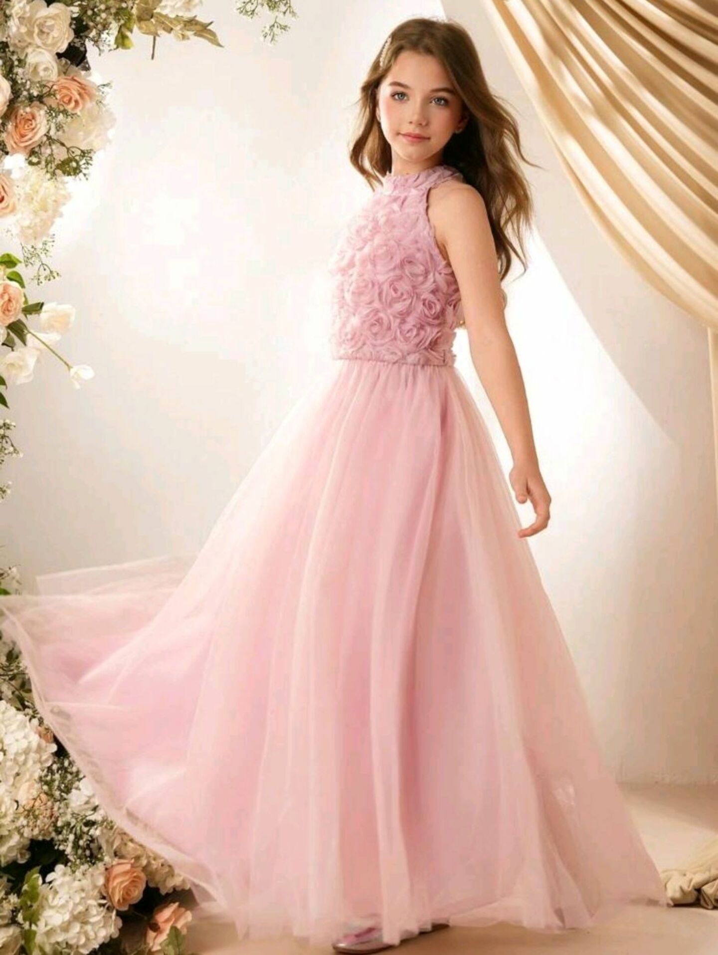 Dusty Pink Rosette Halter Flower Girl Dress - Beatrice | Lucy's