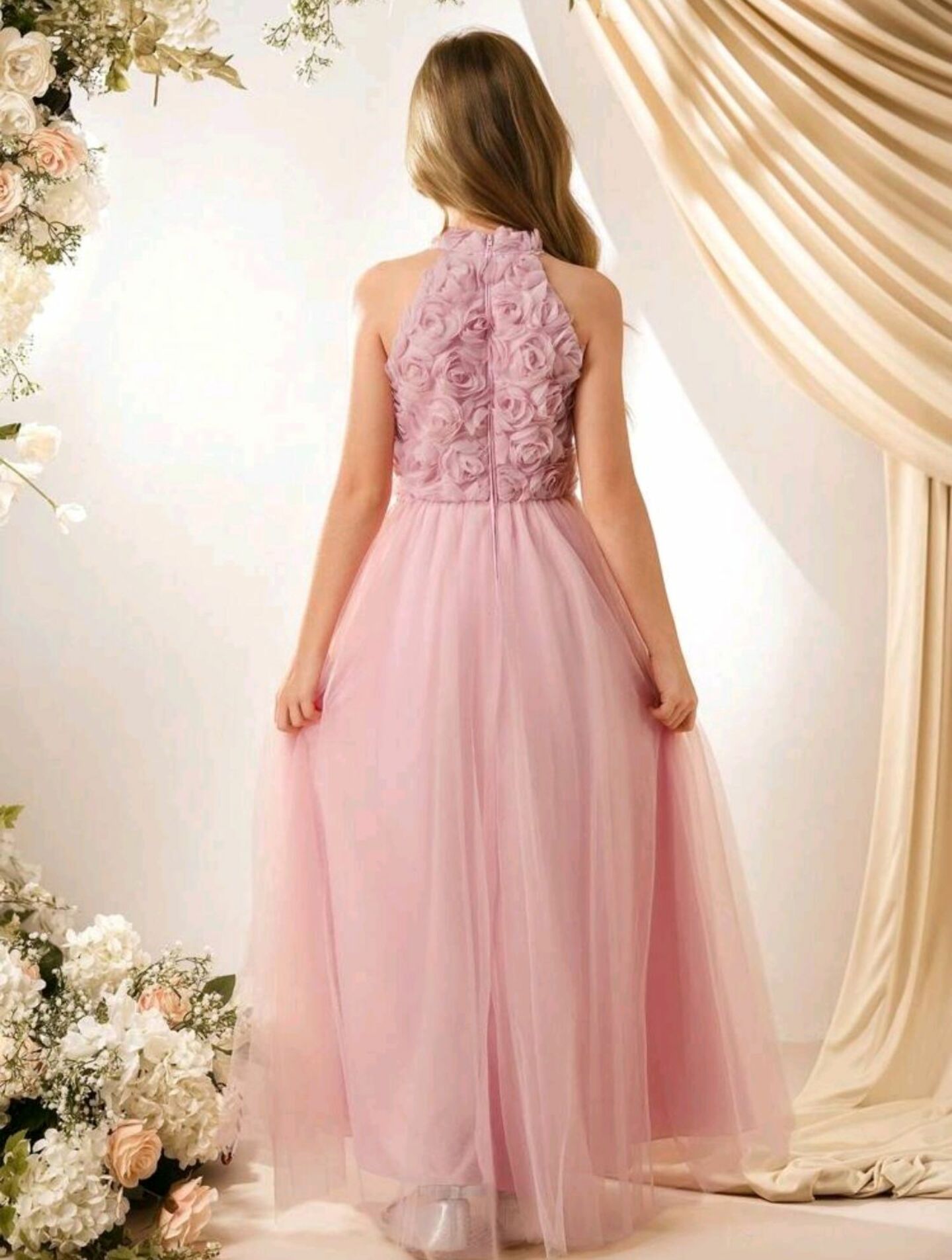 Dusty Pink Rosette Halter Flower Girl Dress - Beatrice | Lucy's
