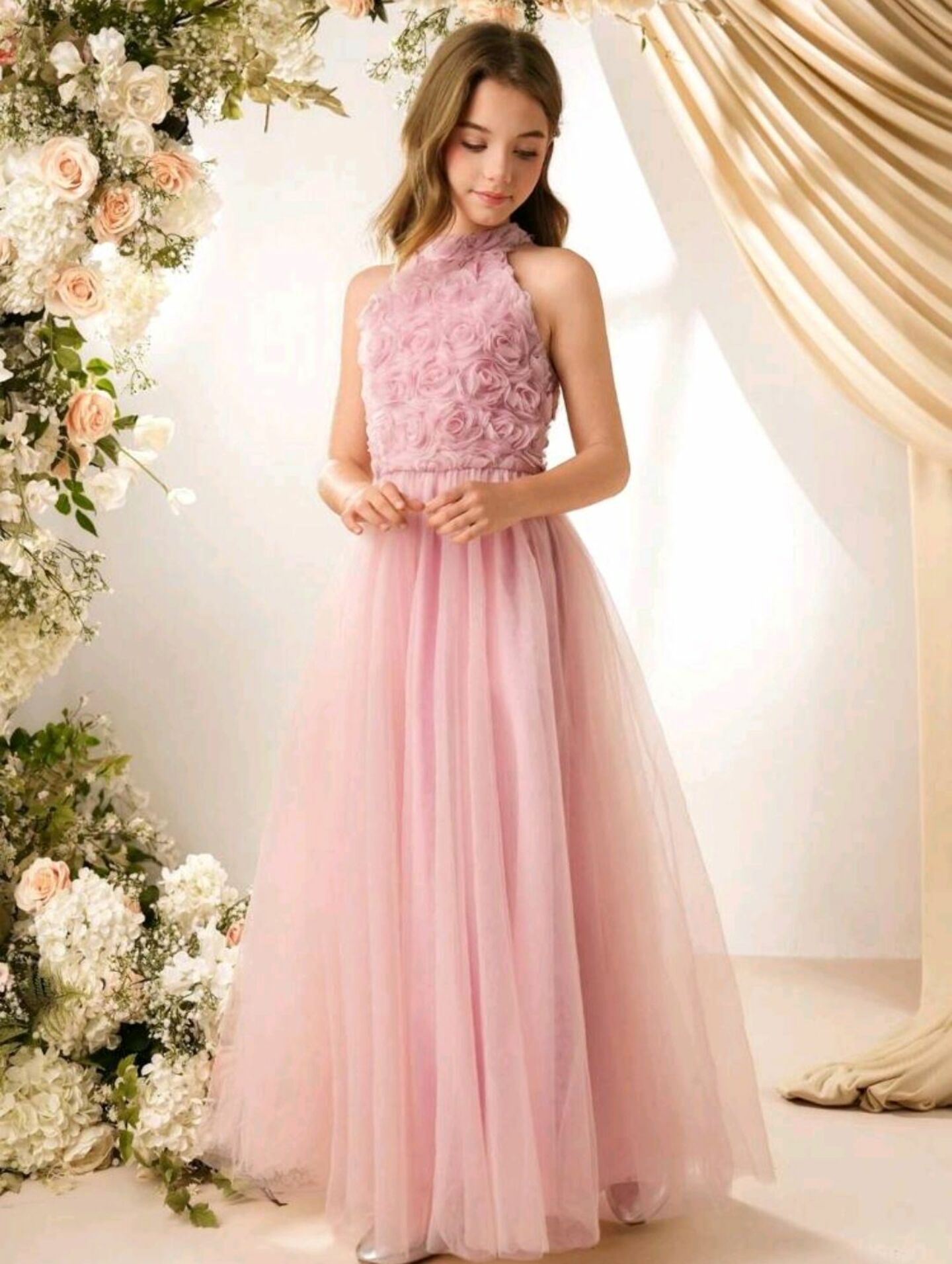 Dusty Pink Rosette Halter Flower Girl Dress - Beatrice | Lucy's