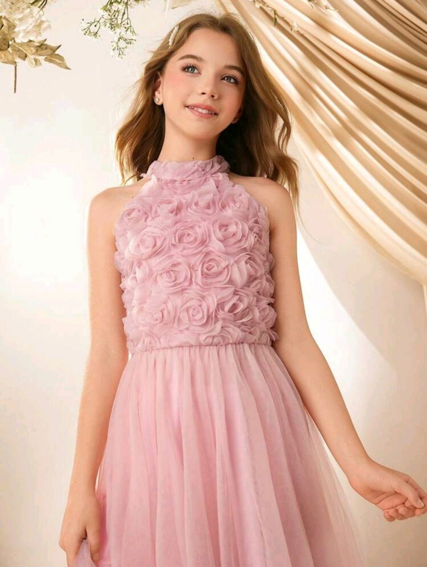 Dusty Pink Rosette Halter Flower Girl Dress - Beatrice | Lucy's