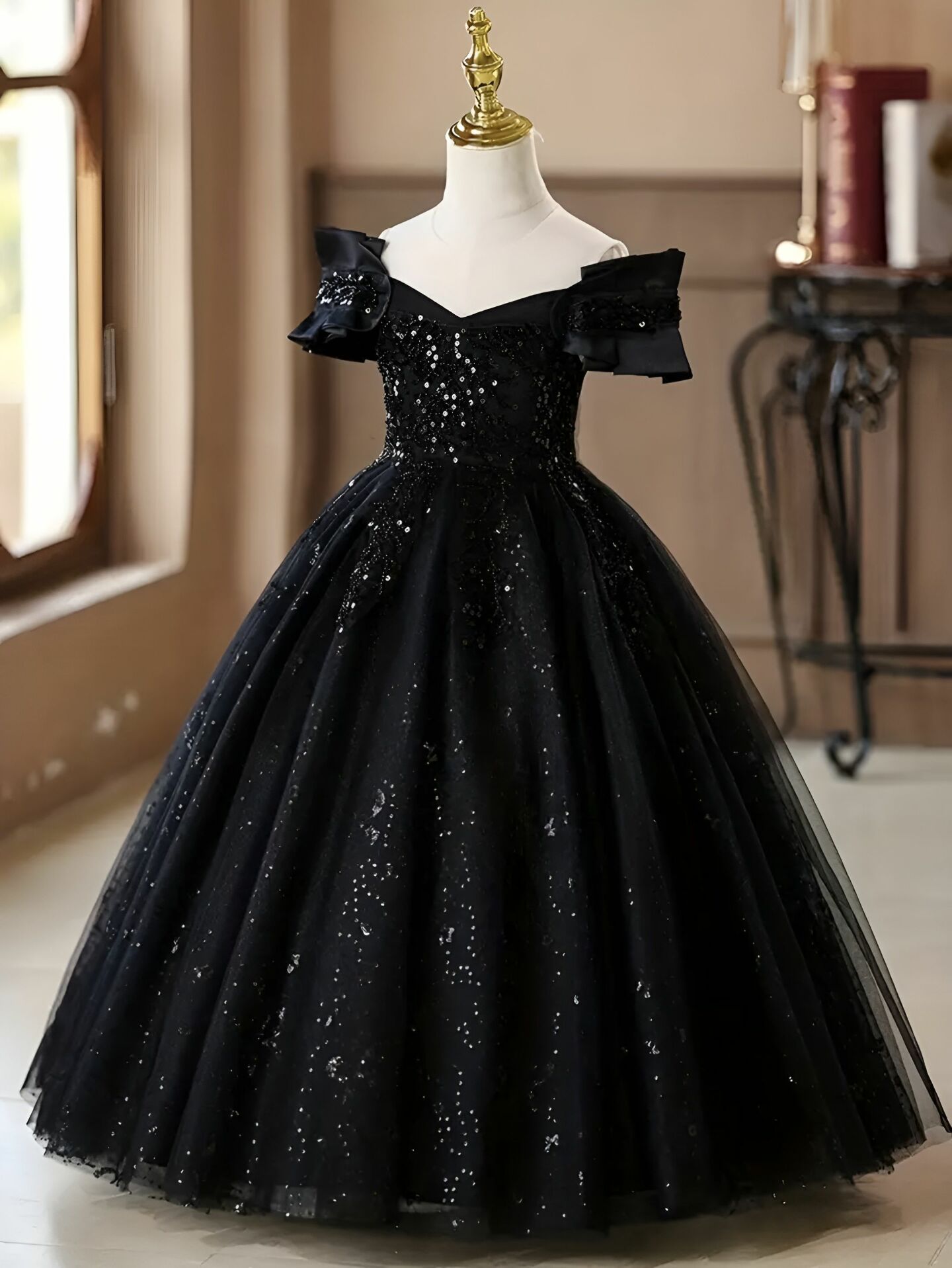 Adela Black Sequin Off-Shoulder Ball Gown for Girls
