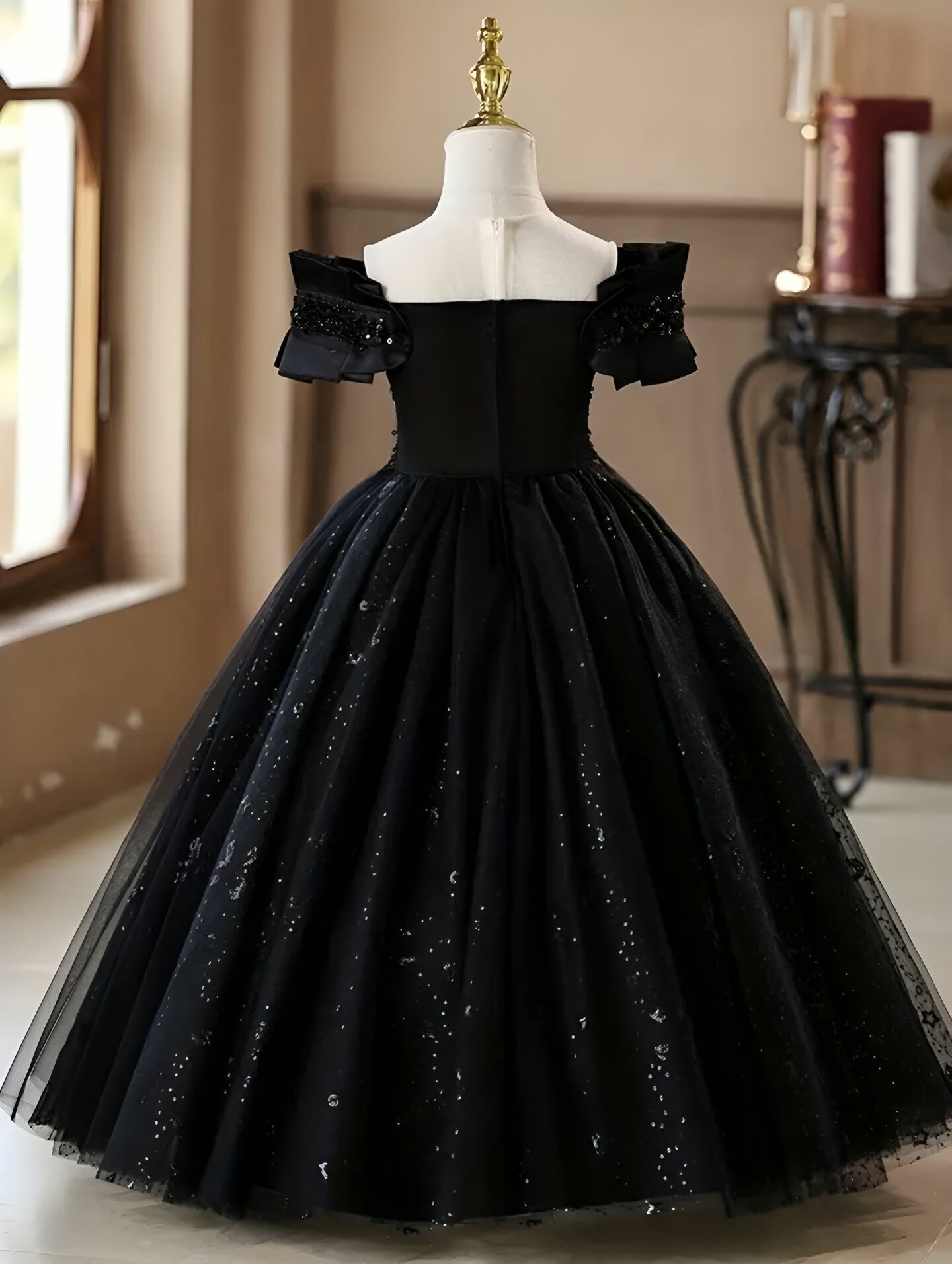 Adela Black Sequin Off-Shoulder Ball Gown for Girls