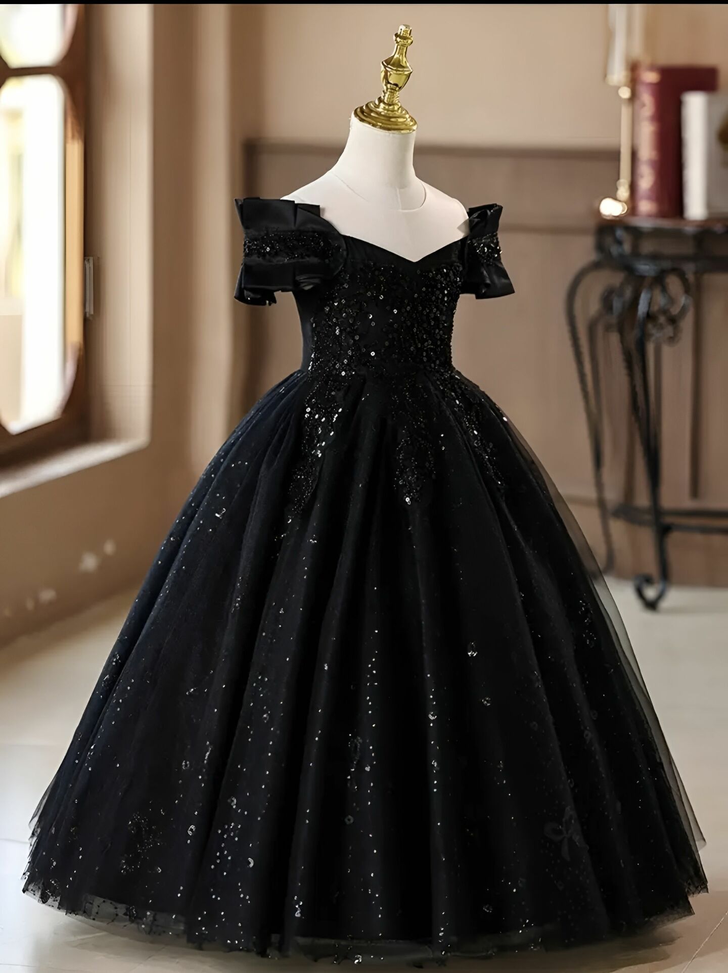 Adela Black Sequin Off-Shoulder Ball Gown for Girls