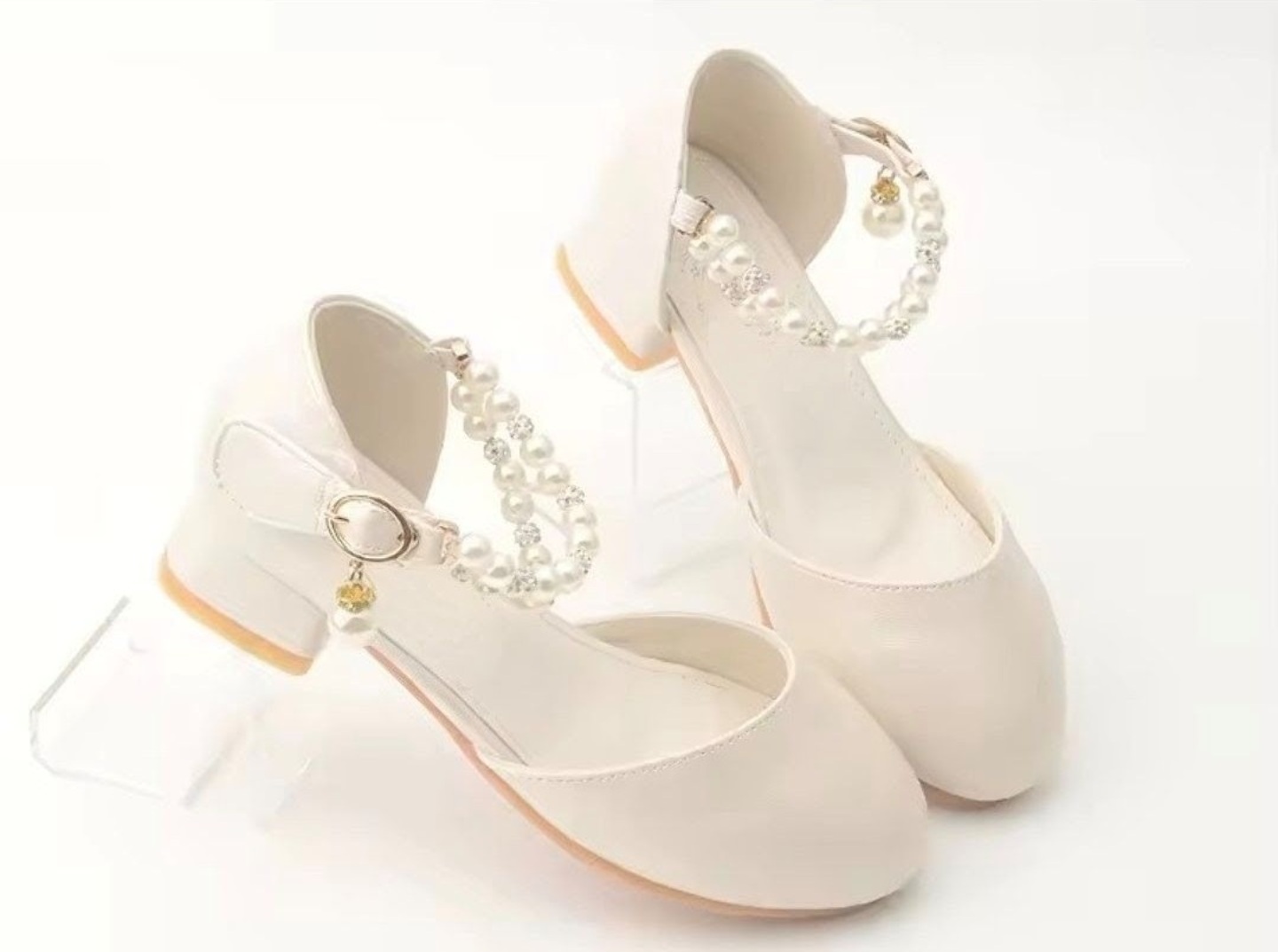 Girls White Pearl Ankle Strap Dress Shoes with Medium Heel