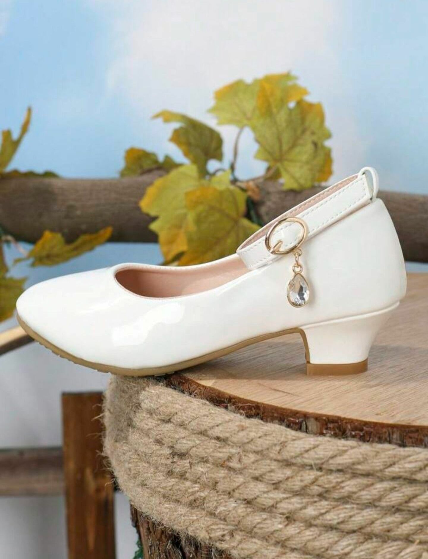 Girls White Patent Ankle Strap High Heel Dress Shoes