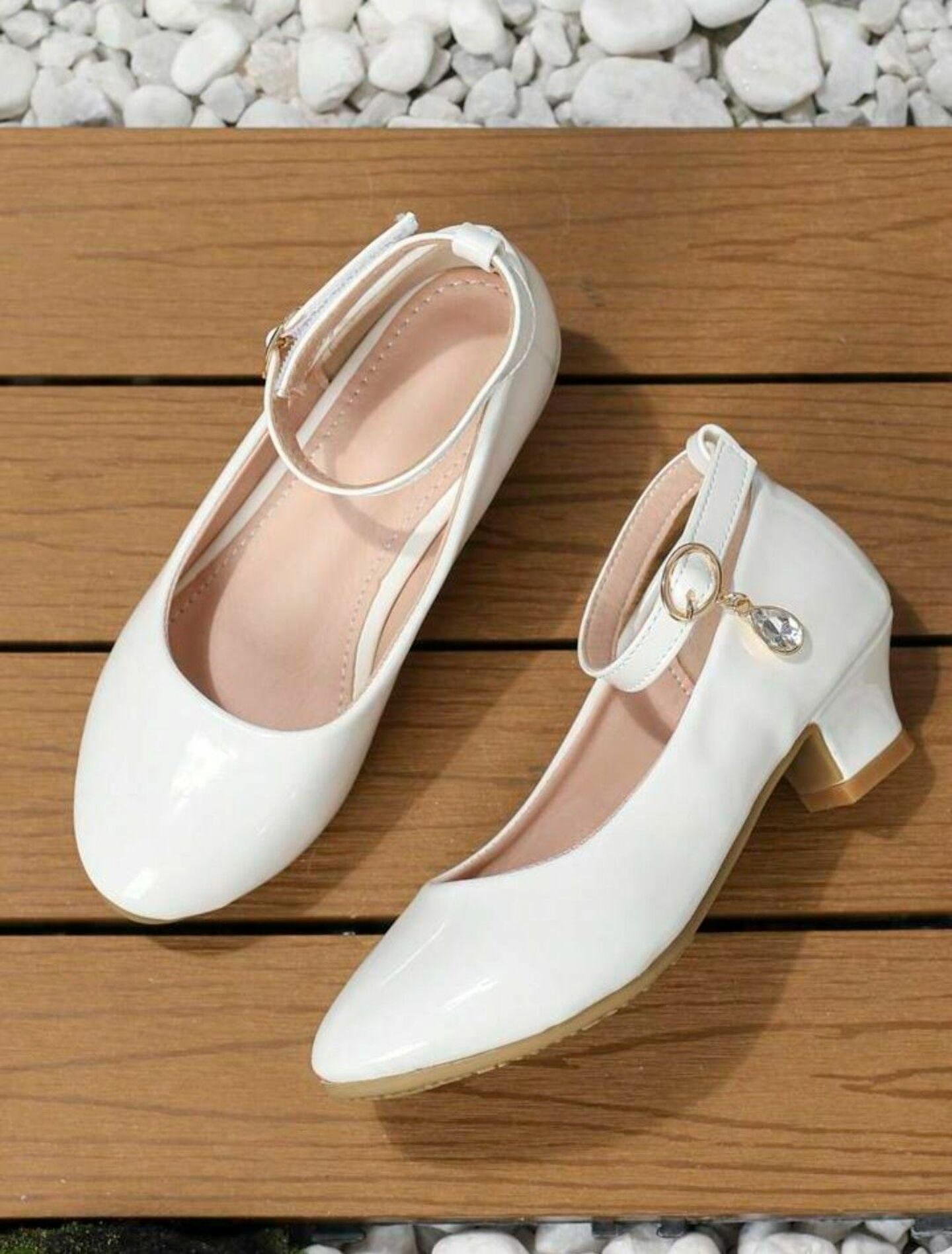 Girls White Patent Ankle Strap High Heel Dress Shoes