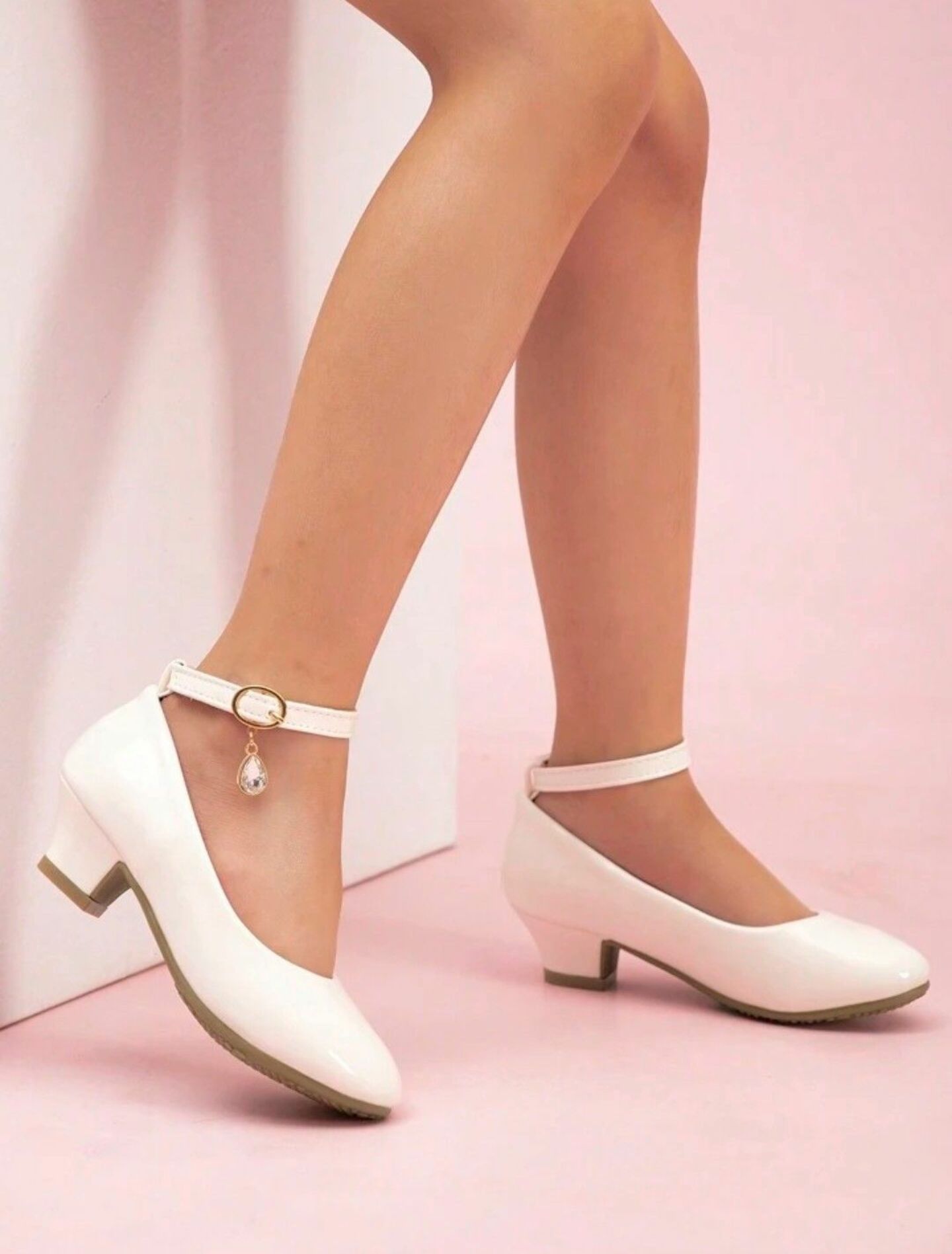 Girls White Patent Ankle Strap High Heel Dress Shoes