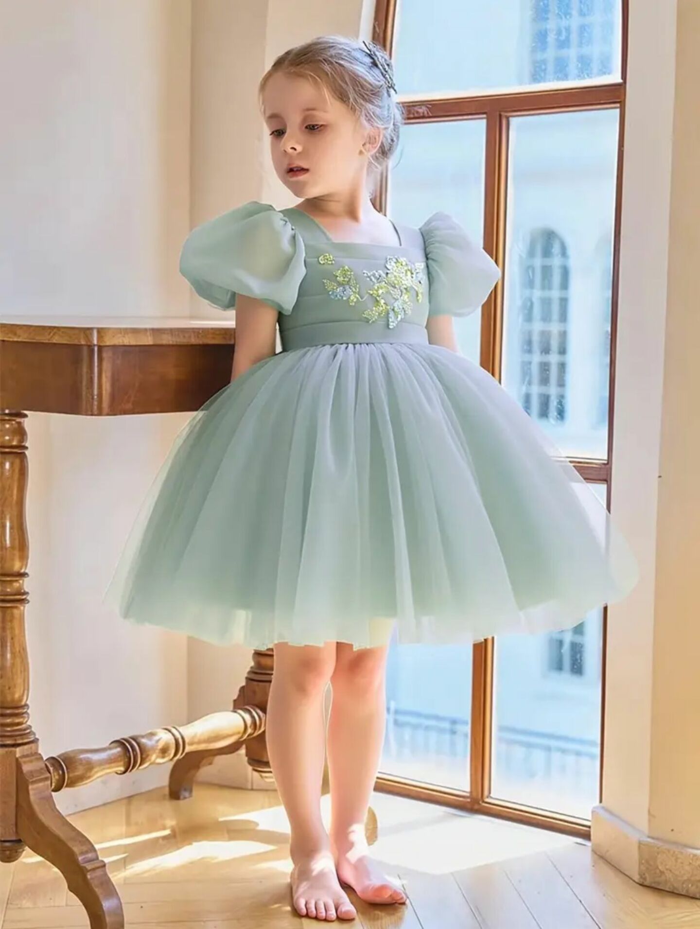 Adora Sage Green Puff Sleeve Flower Girl Dress