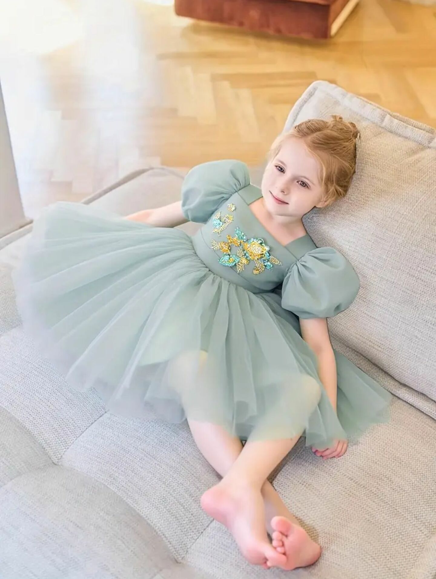 Adora Sage Green Puff Sleeve Flower Girl Dress