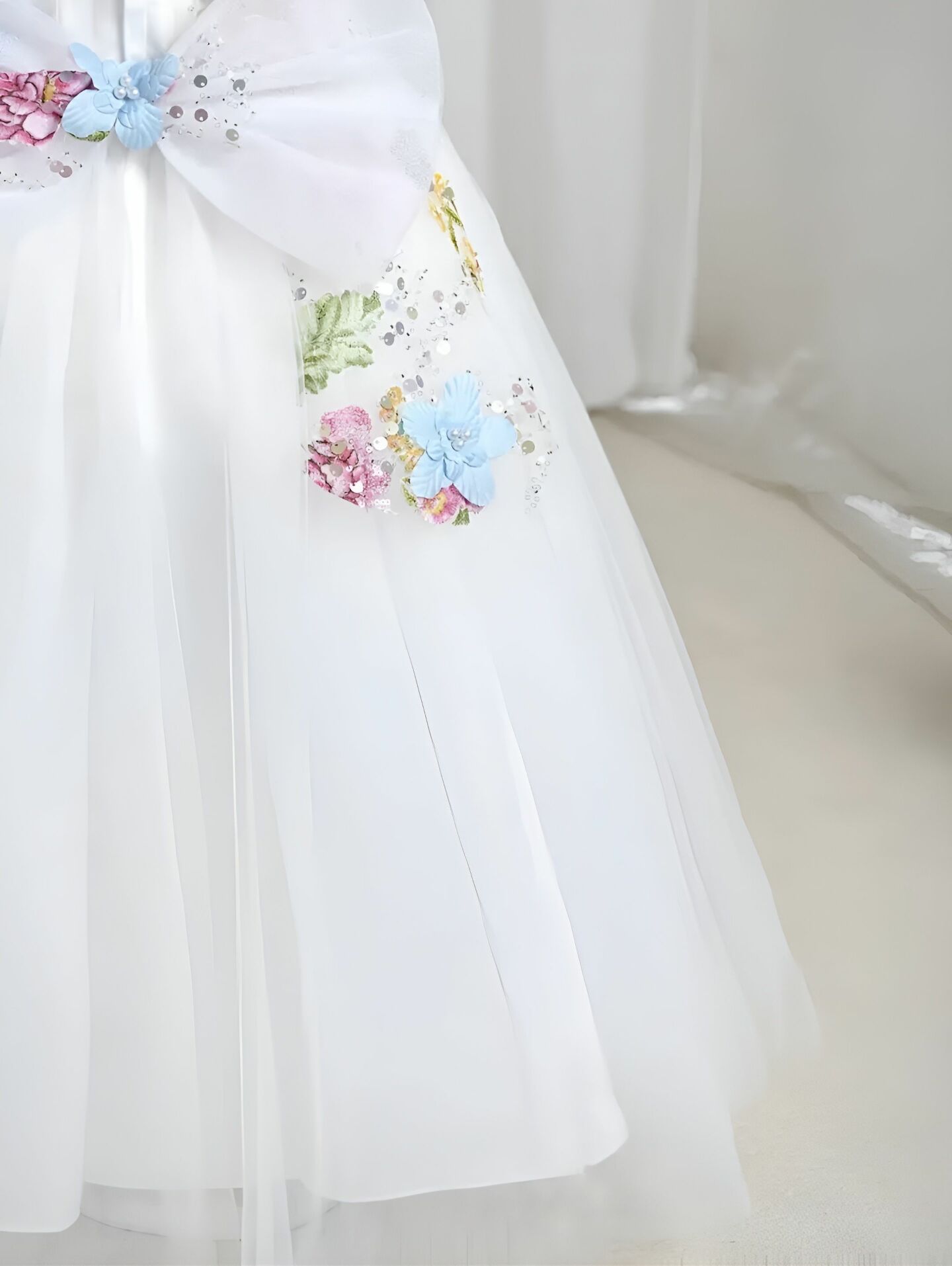 Lila Floral Garden Ball Gown with Butterfly Bow (White)
