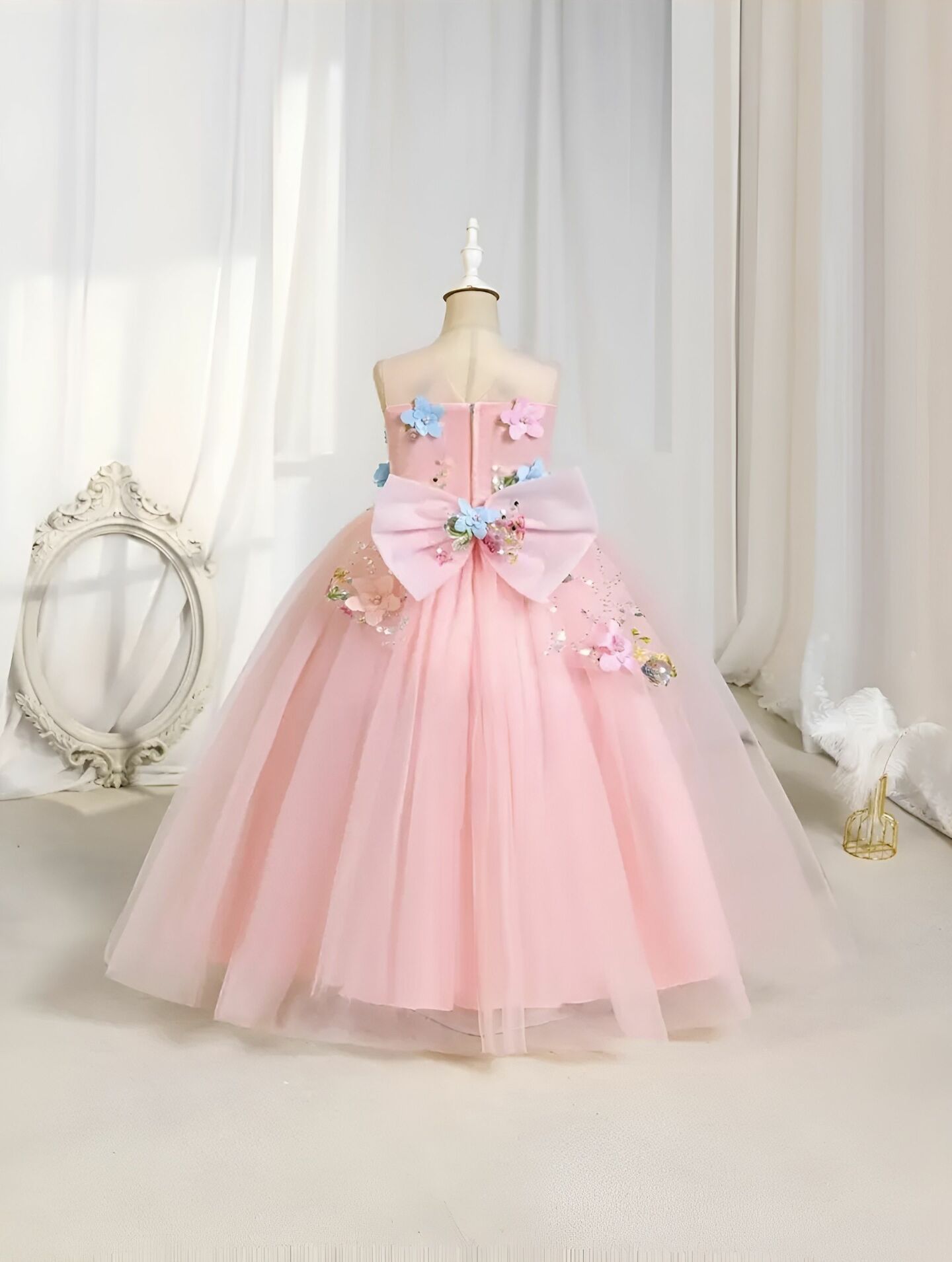 Lila Floral Garden Ball Gown with Butterfly Bow (Peach Pink)