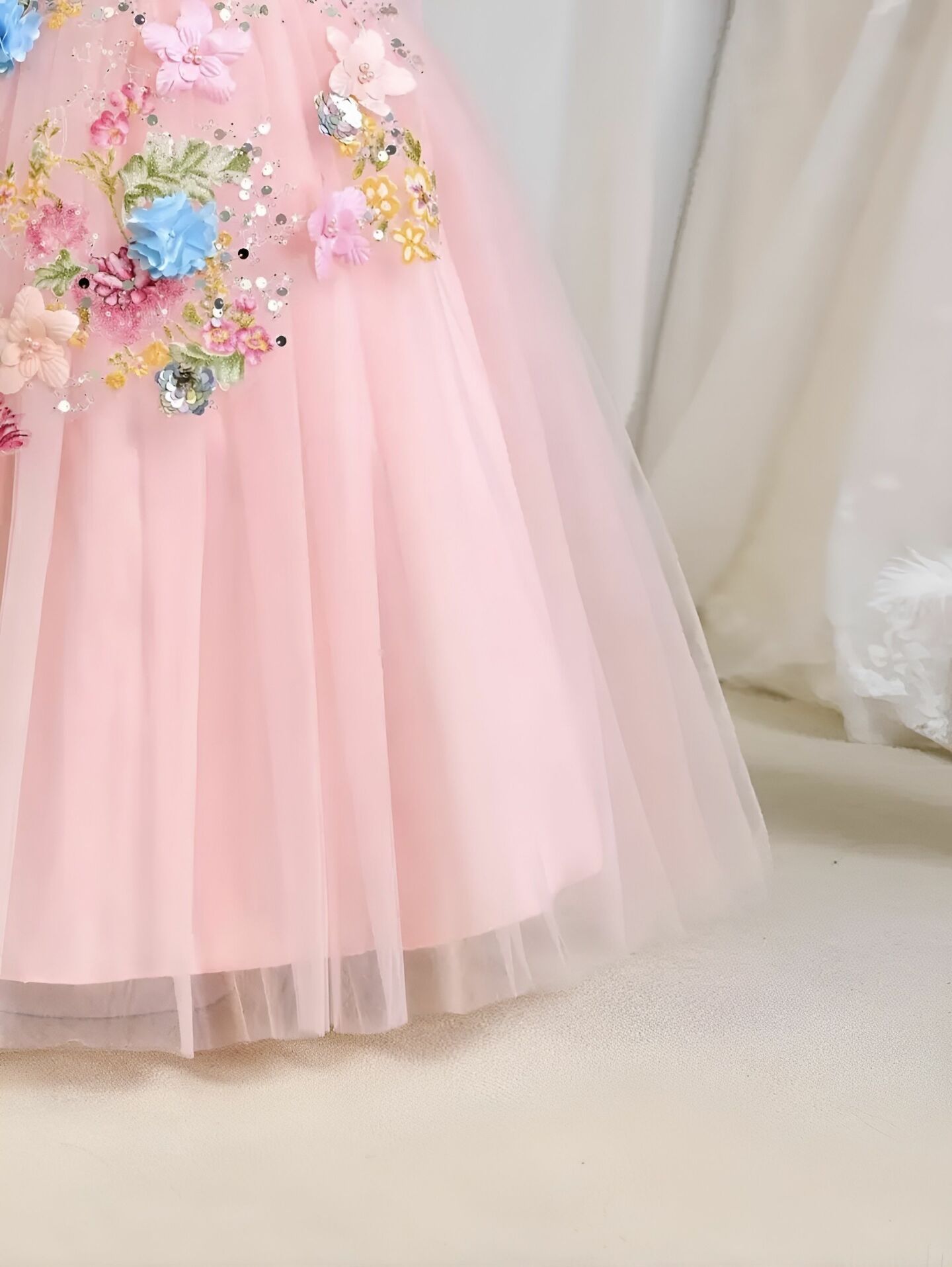 Lila Floral Garden Ball Gown with Butterfly Bow (Peach Pink)