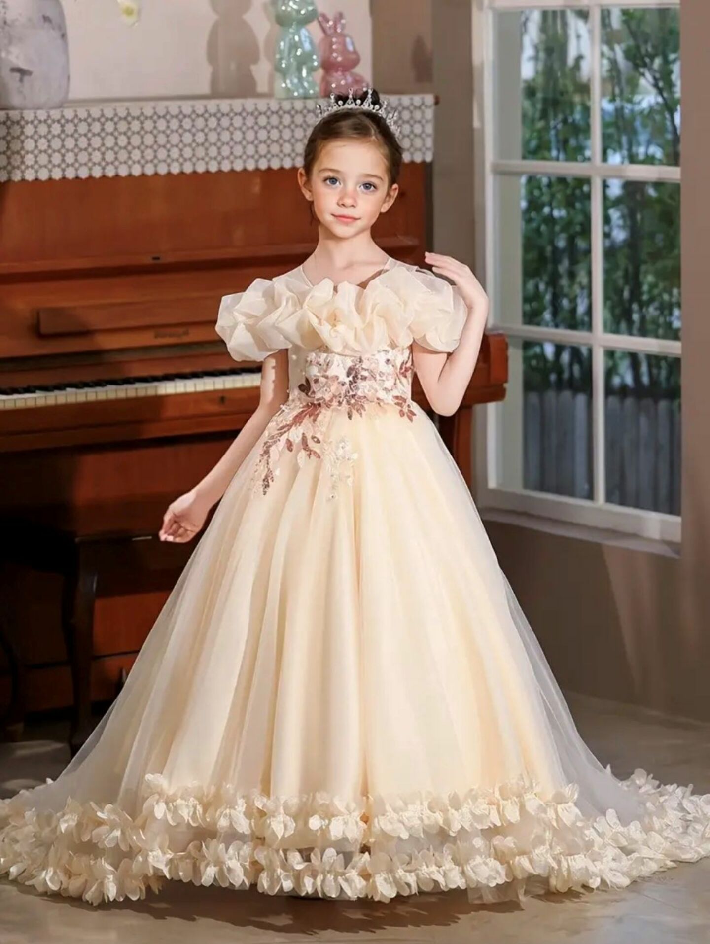 Lindsay Off-Shoulder Cathedral Train Ball Gown with Ruffle Sleeves Champagne