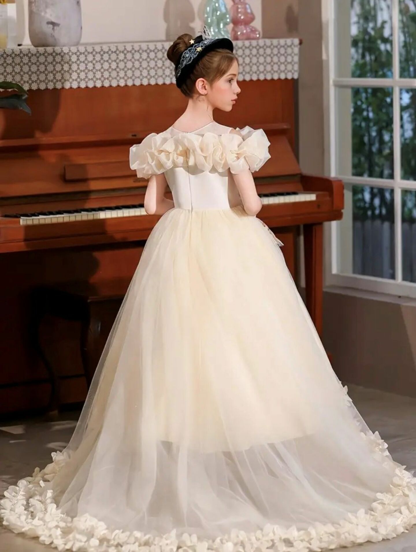 Lindsay Off-Shoulder Cathedral Train Ball Gown with Ruffle Sleeves Champagne