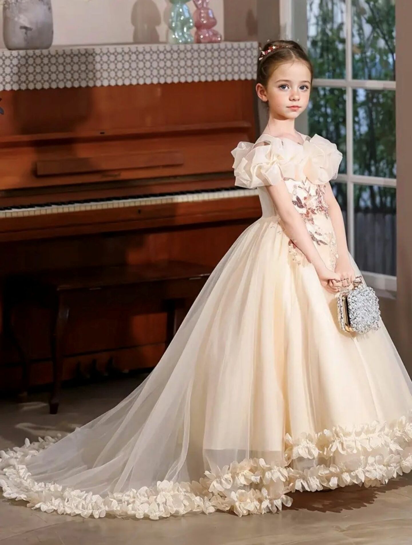 Lindsay Off-Shoulder Cathedral Train Ball Gown with Ruffle Sleeves Champagne