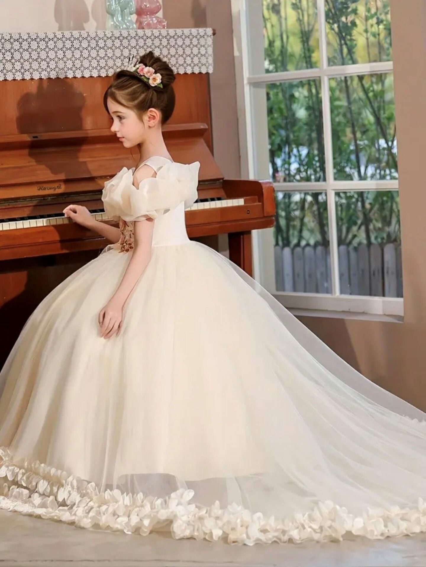 Lindsay Off-Shoulder Cathedral Train Ball Gown with Ruffle Sleeves Champagne