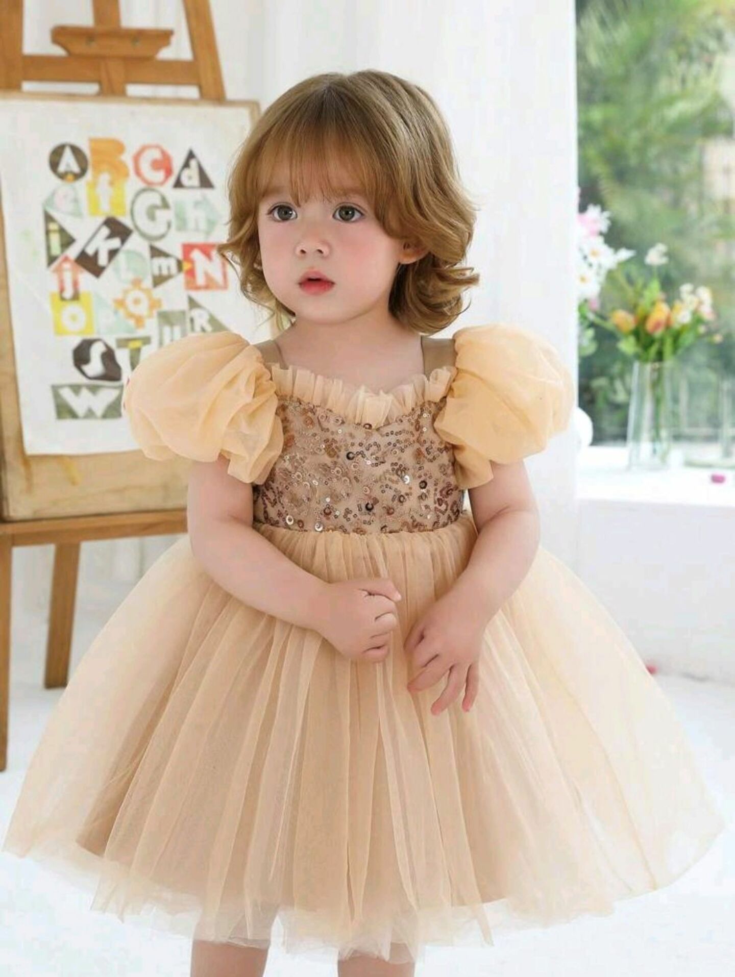 Mona Beige Sequin Puff Sleeve Baby Party Dress