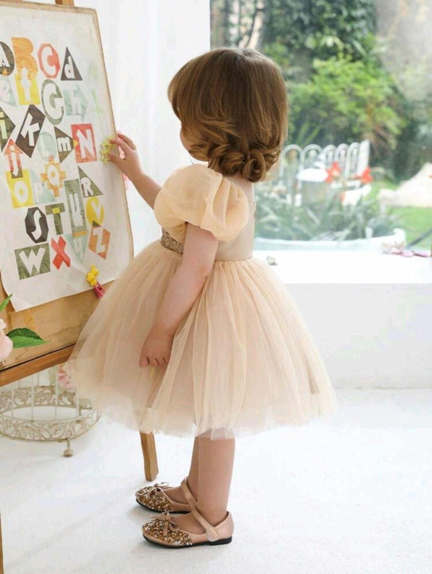 Mona Beige Sequin Puff Sleeve Baby Party Dress