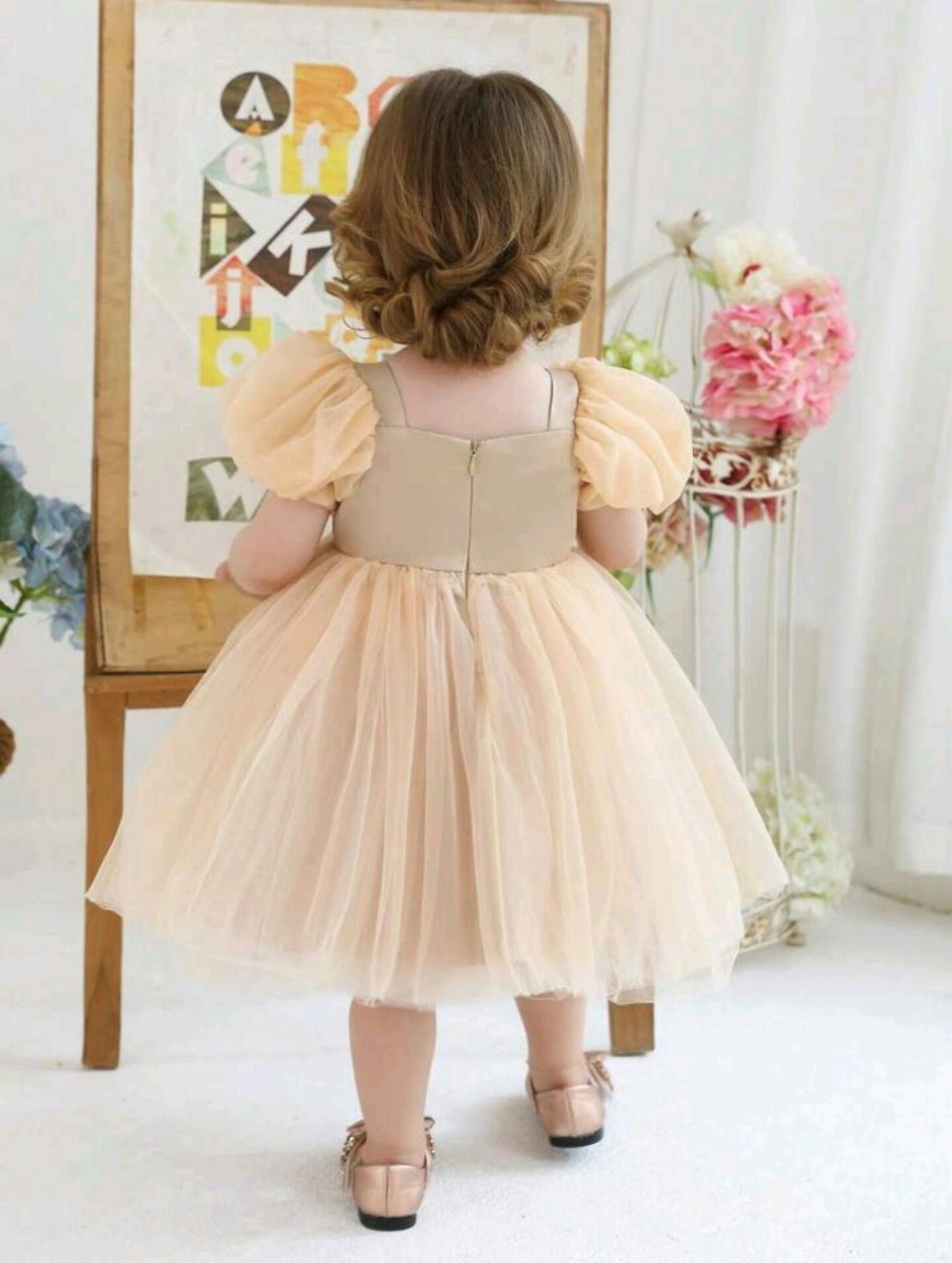 Mona Beige Sequin Puff Sleeve Baby Party Dress
