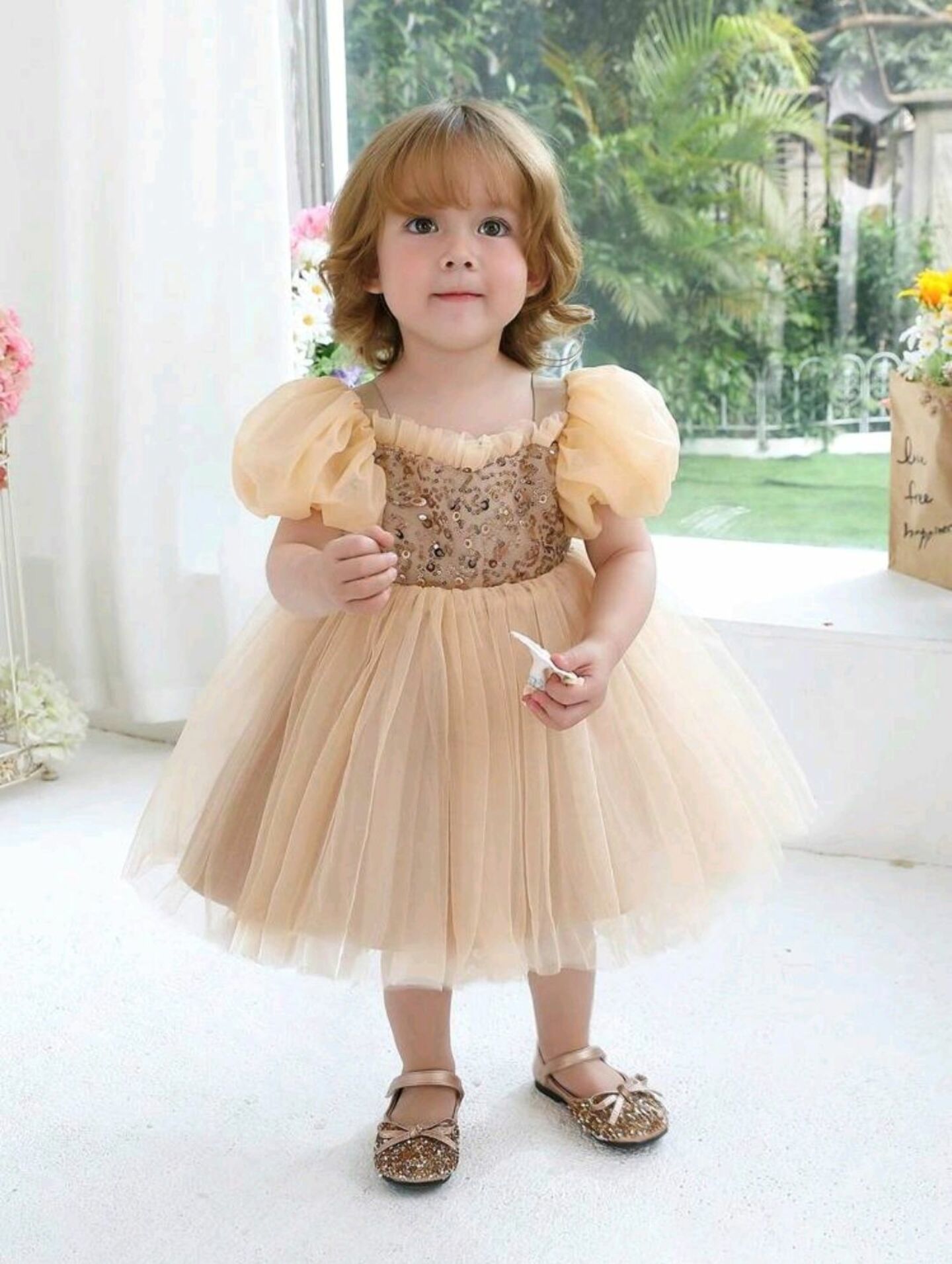 Mona Beige Sequin Puff Sleeve Baby Party Dress