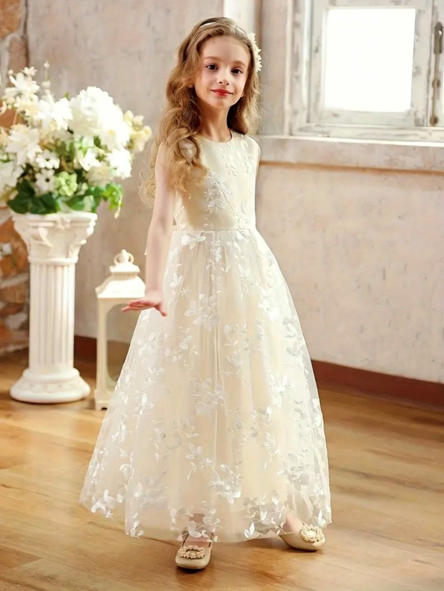 Nancy Champagne Botanical Lace Sleeveless Flower Girl Dress