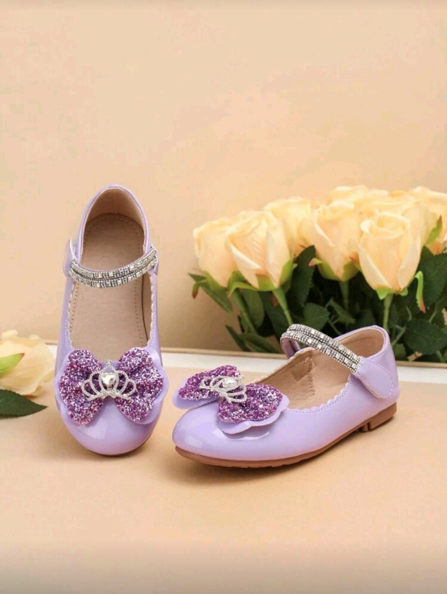 Lavender Patent Princess Flats with Glitter Bow & Crown