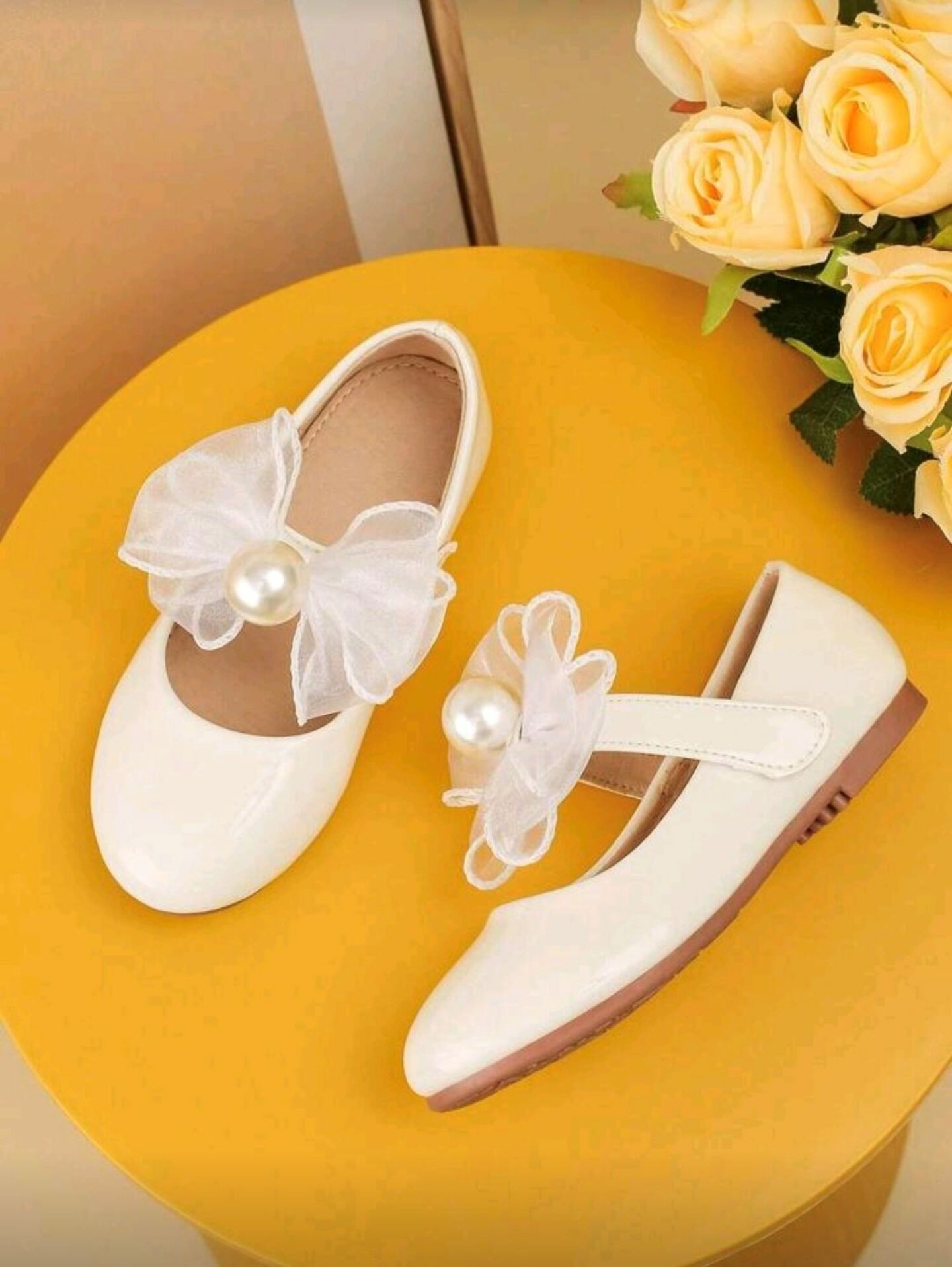 Girls' White Patent Mary Jane Flats with Organza Pearl Bow