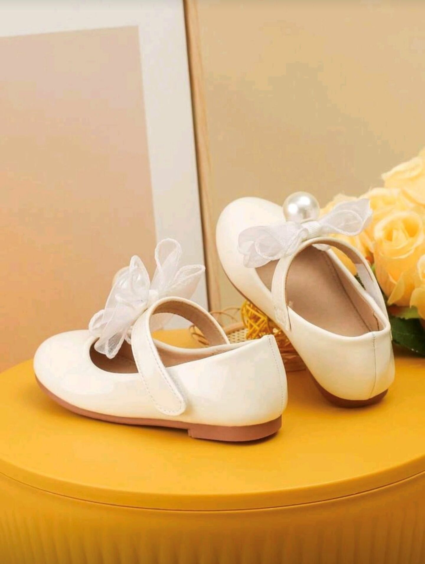 Girls' White Patent Mary Jane Flats with Organza Pearl Bow