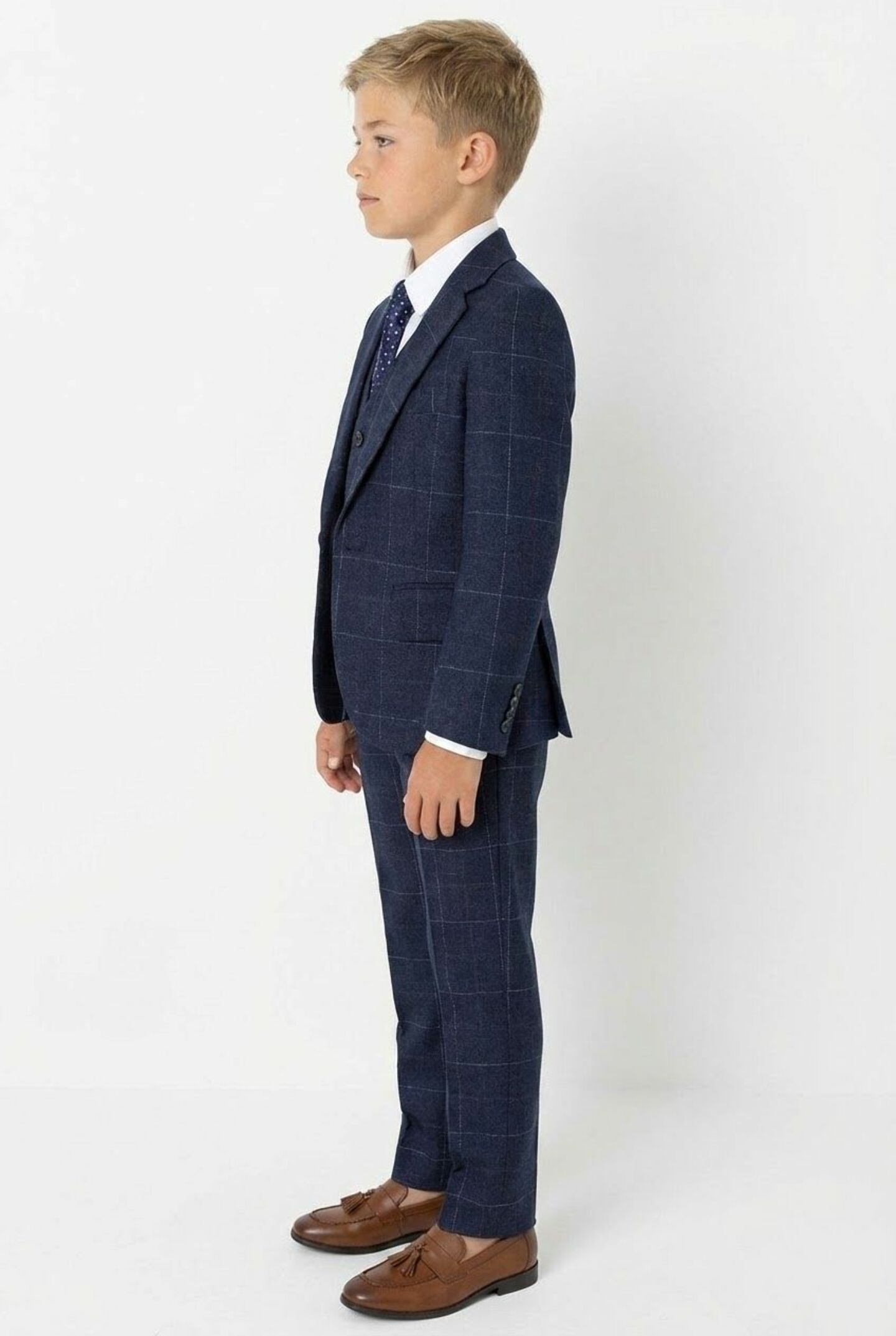 Max Navy Windowpane 3-Piece Boys Suit Complete Formal Set | Lucy's