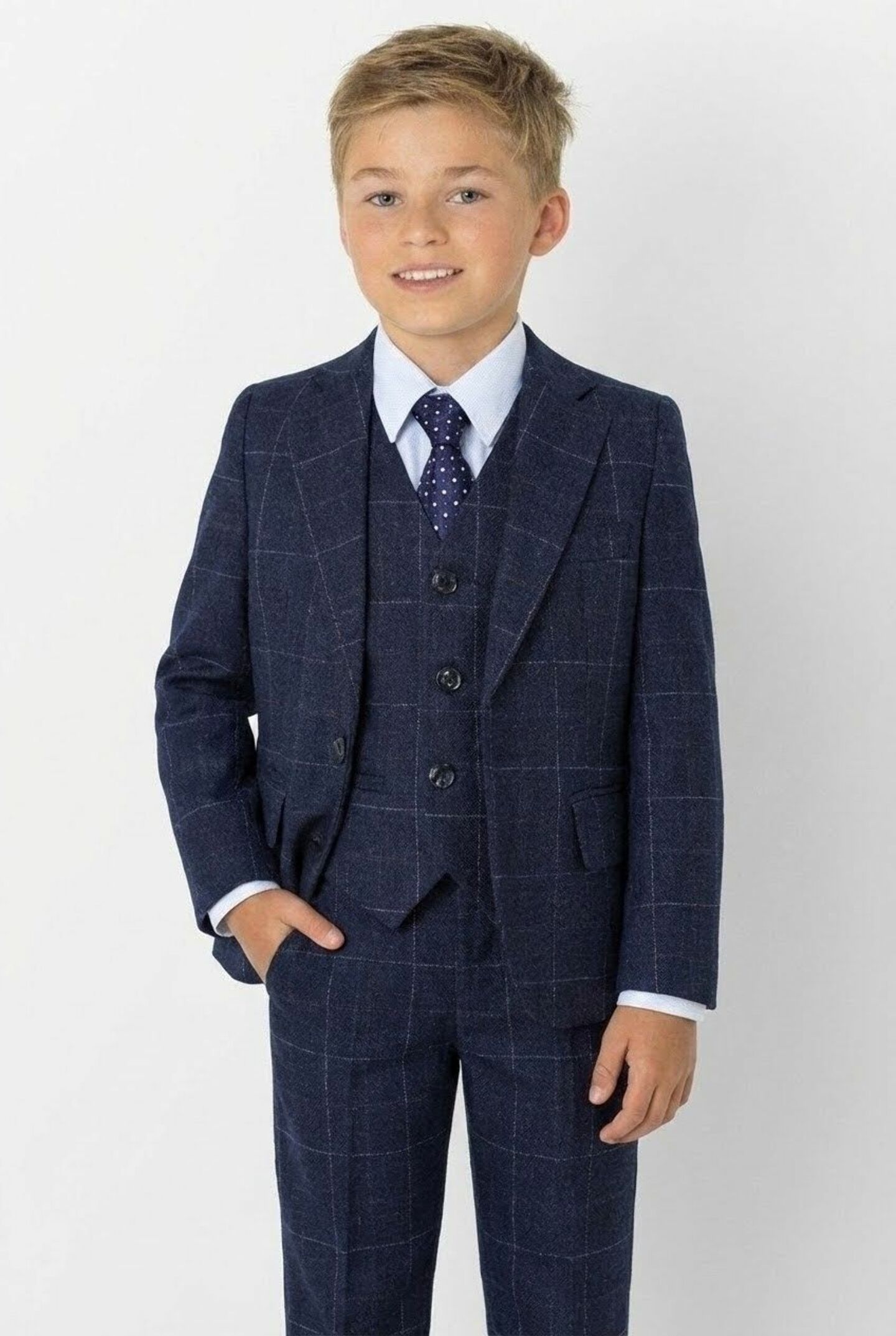 Max Navy Windowpane 3-Piece Boys Suit Complete Formal Set | Lucy's