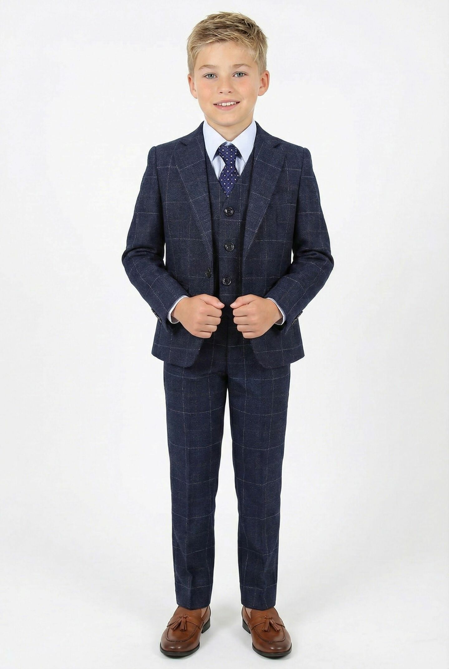 Max Navy Windowpane 3-Piece Boys Suit Complete Formal Set | Lucy's