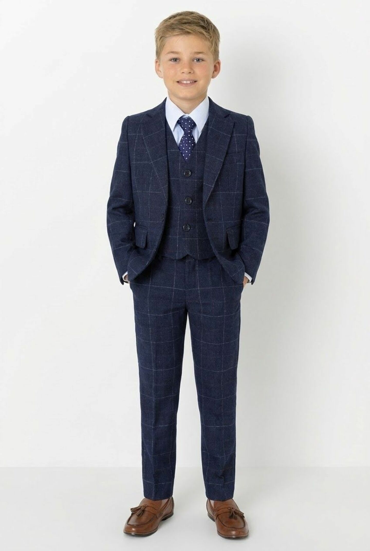 Max Navy Windowpane 3-Piece Boys Suit Complete Formal Set | Lucy's
