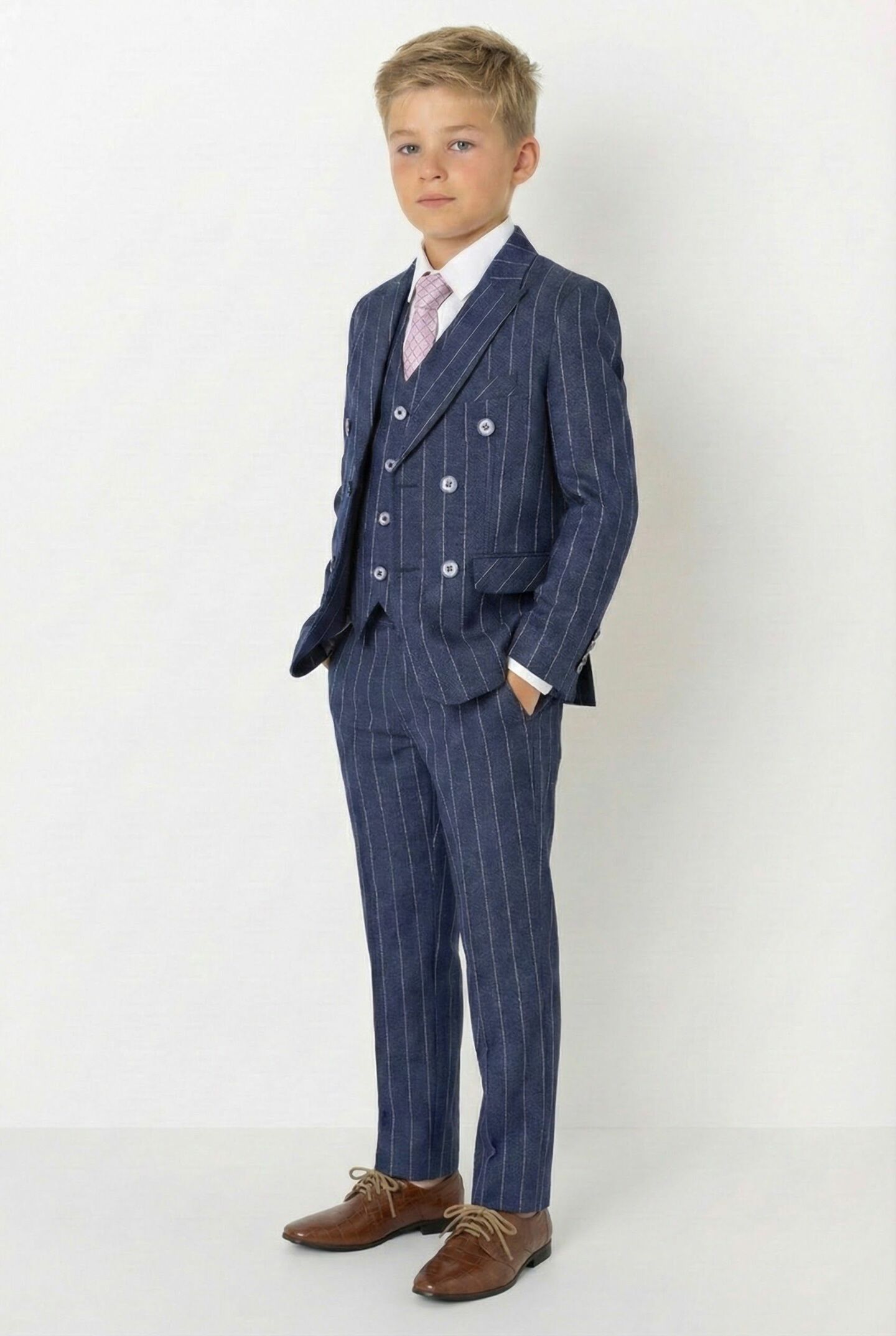 Leonardo Blue Pinstripe Double-Breasted Boys Suit 3pc | Lucy's