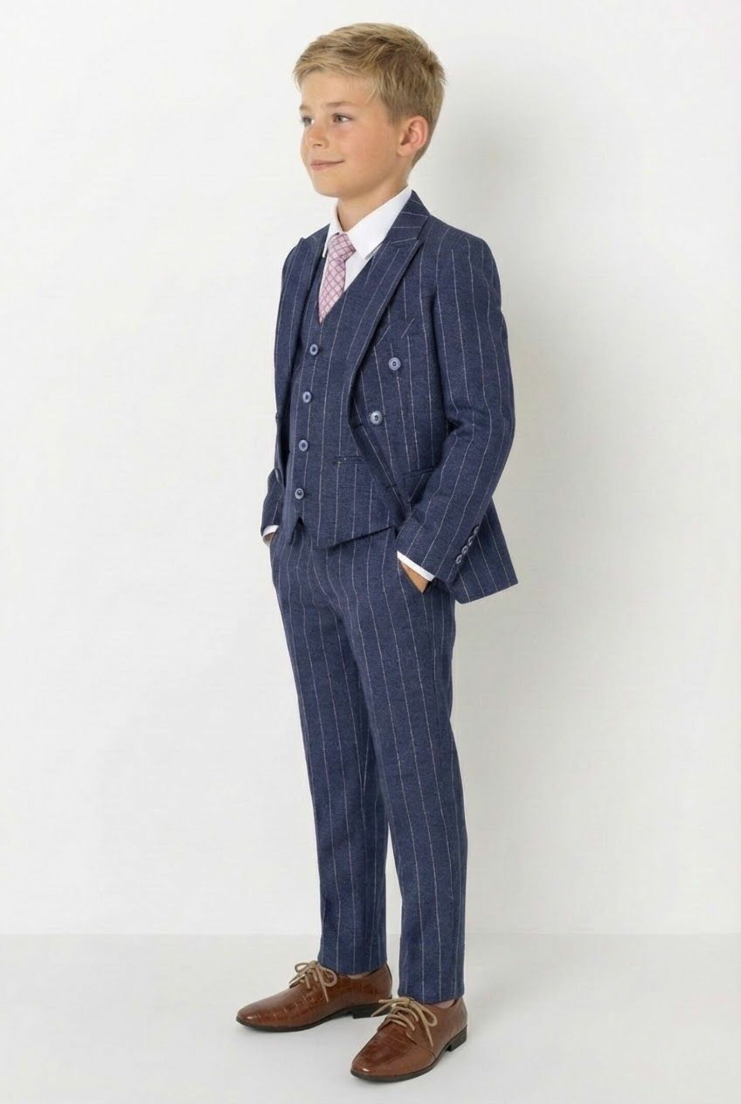 Leonardo Blue Pinstripe Double-Breasted Boys Suit 3pc | Lucy's