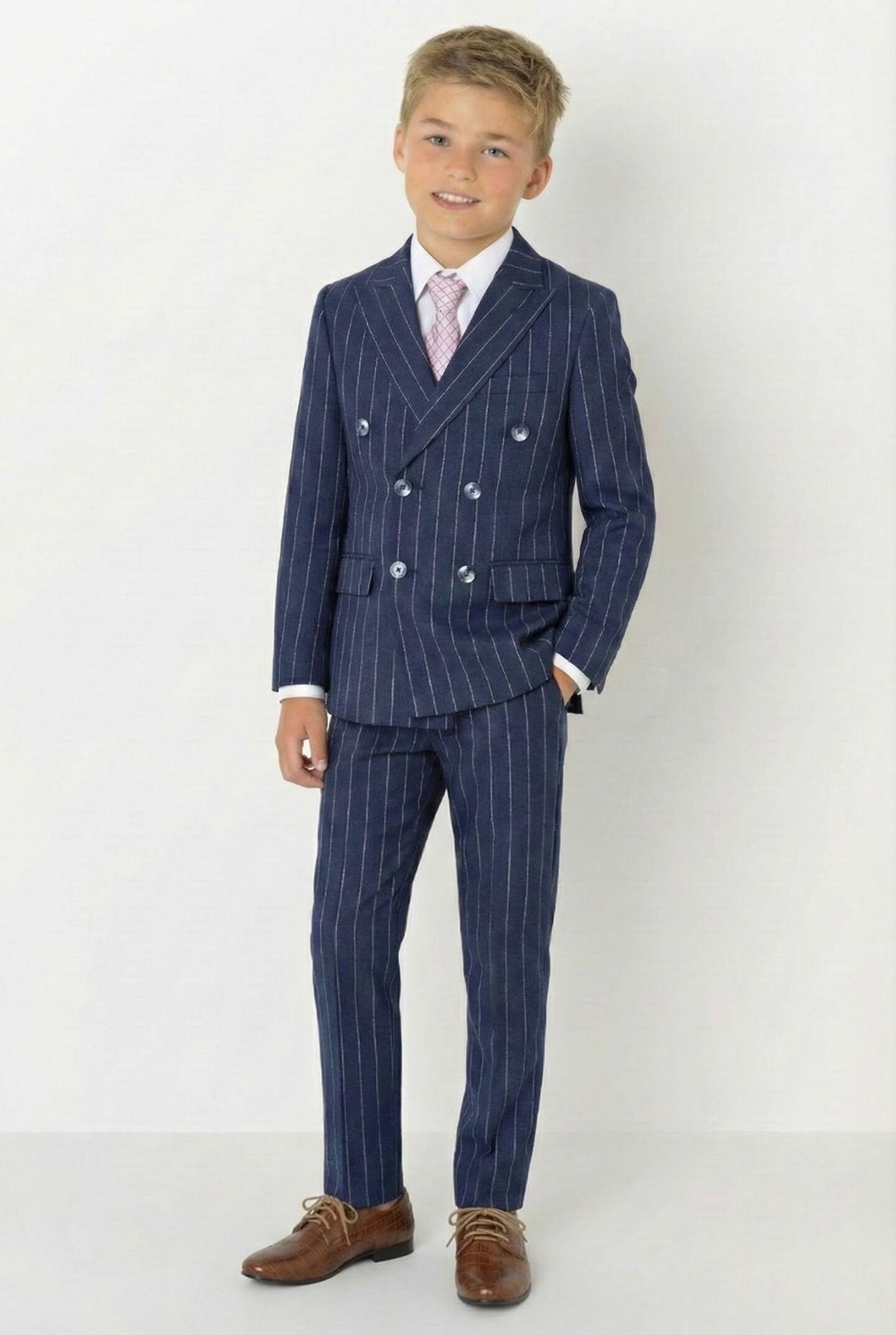 Leonardo Blue Pinstripe Double-Breasted Boys Suit 3pc | Lucy's