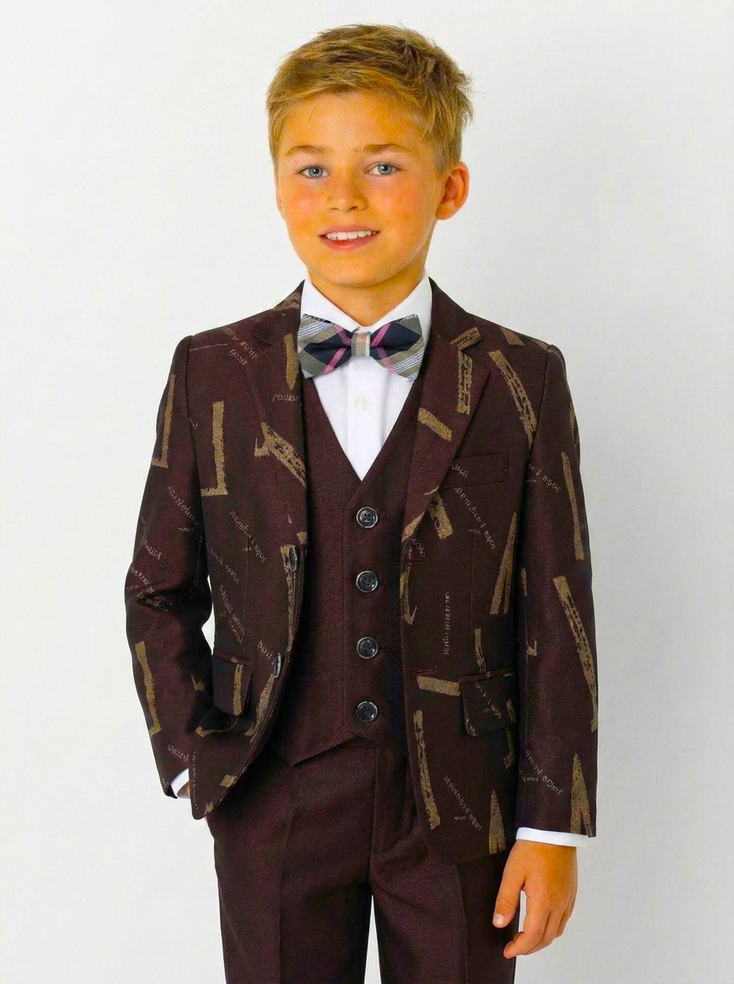 Carlos Maroon Abstract Print 3-Piece Boys Suit | Lucy's
