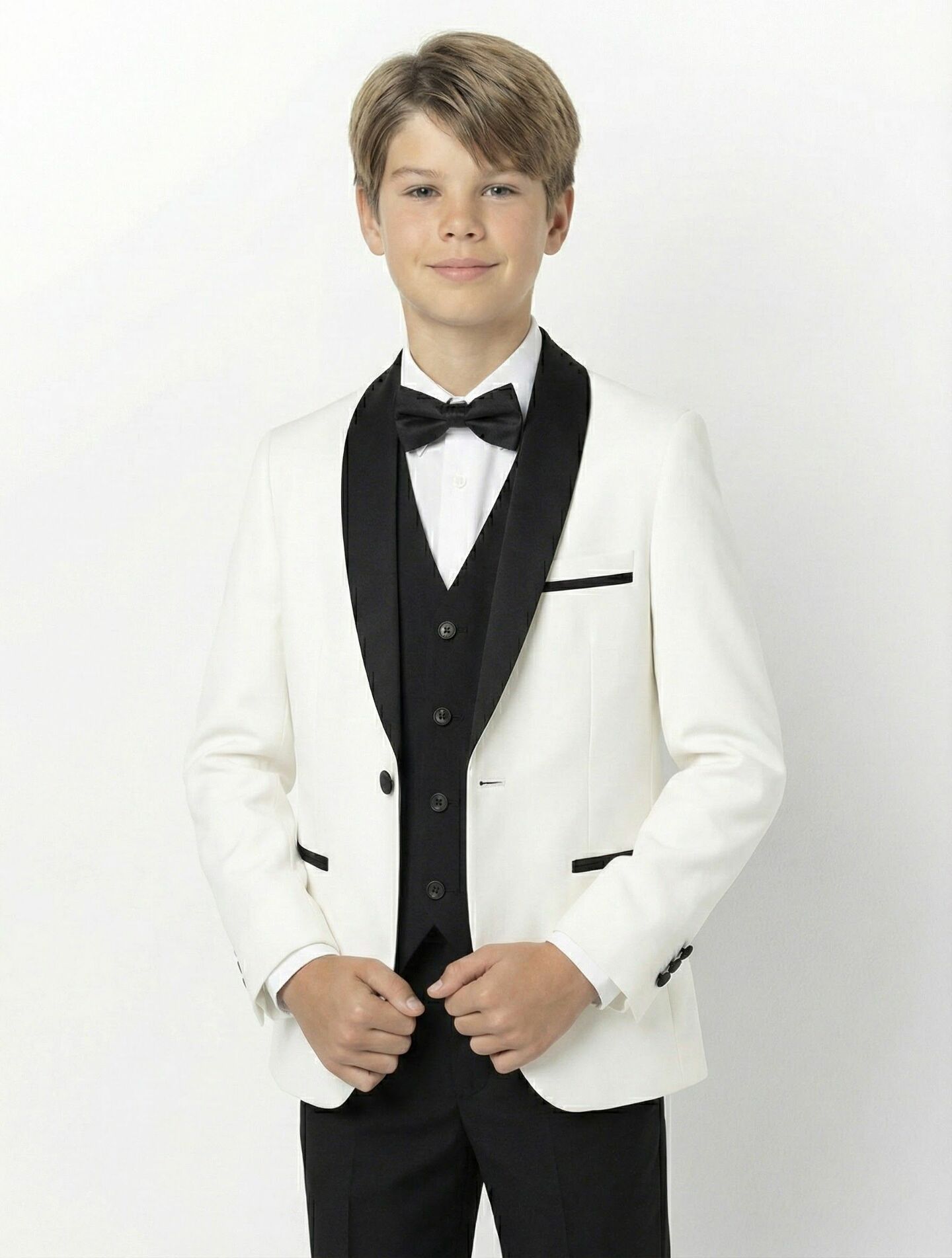 Fernando White Shawl Lapel Tuxedo 3-Piece Boys Formal Suit Jacket Waistcoat & Trousers | Lucy's