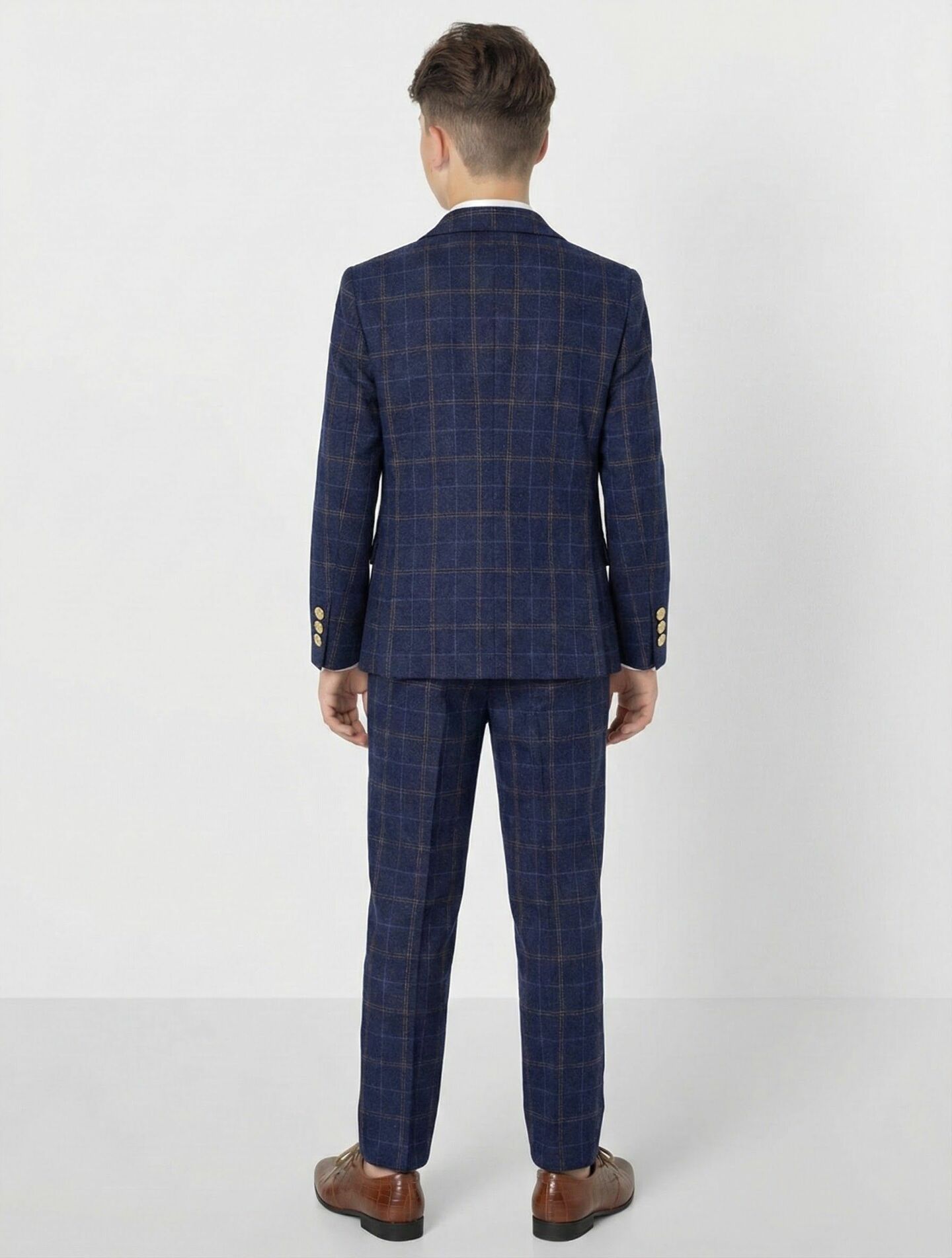 Leroy Navy Windowpane Boys Suit with Tan Contrast Trim 3-Piece Jacket Waistcoat & Trousers | Lucy's