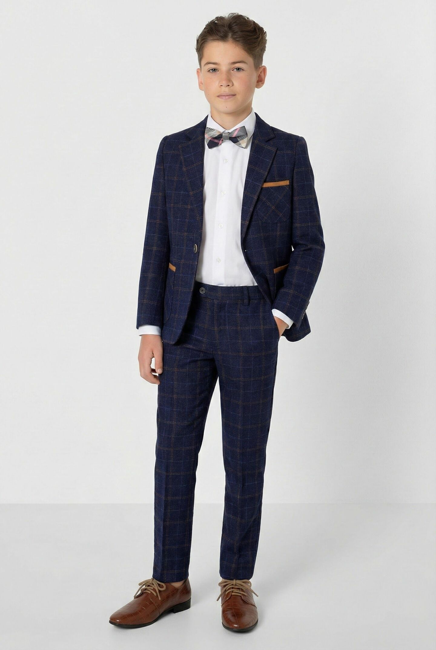 Leroy Navy Windowpane Boys Suit with Tan Contrast Trim 3-Piece Jacket Waistcoat & Trousers | Lucy's
