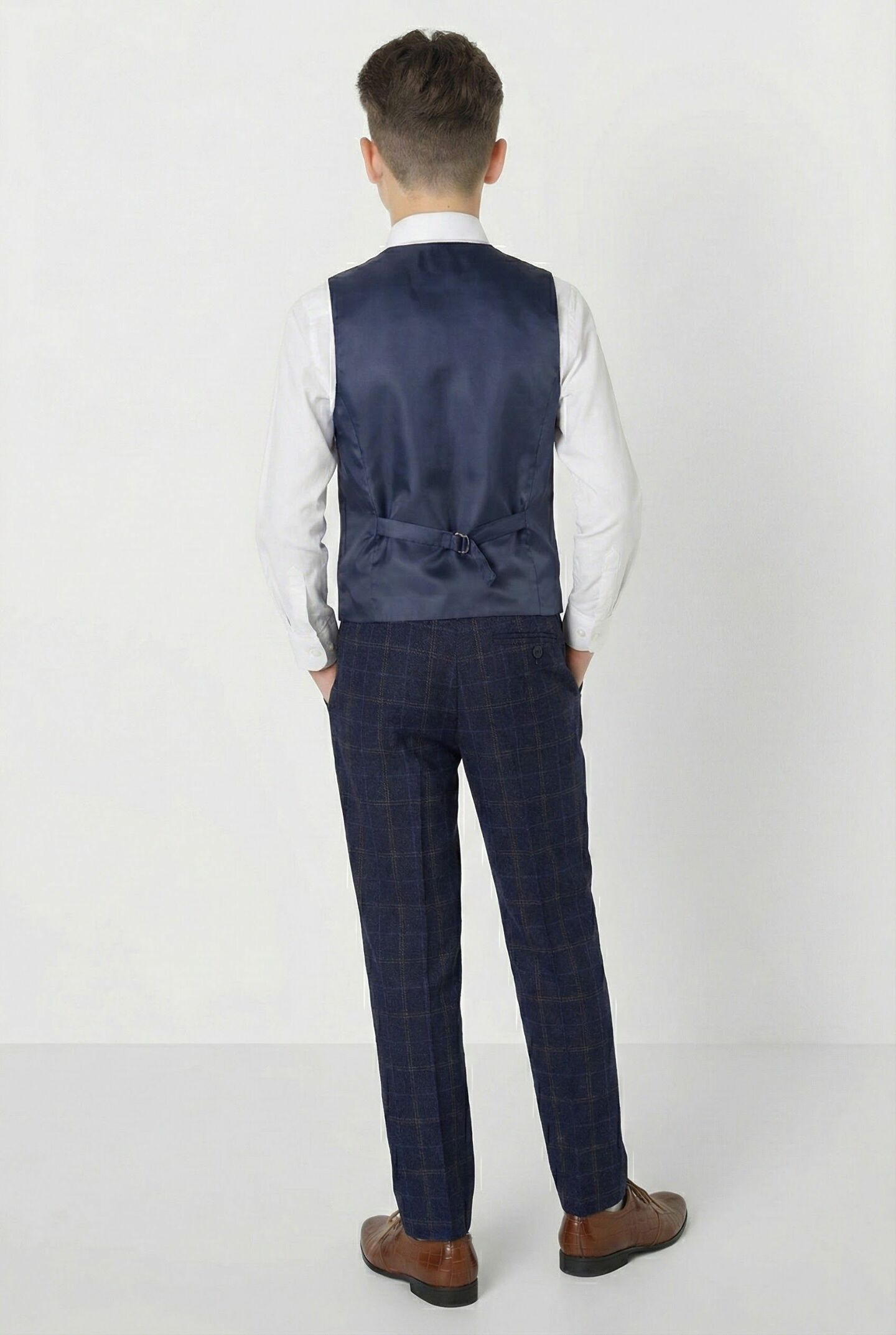Leroy Navy Windowpane Boys Suit with Tan Contrast Trim 3-Piece Jacket Waistcoat & Trousers | Lucy's