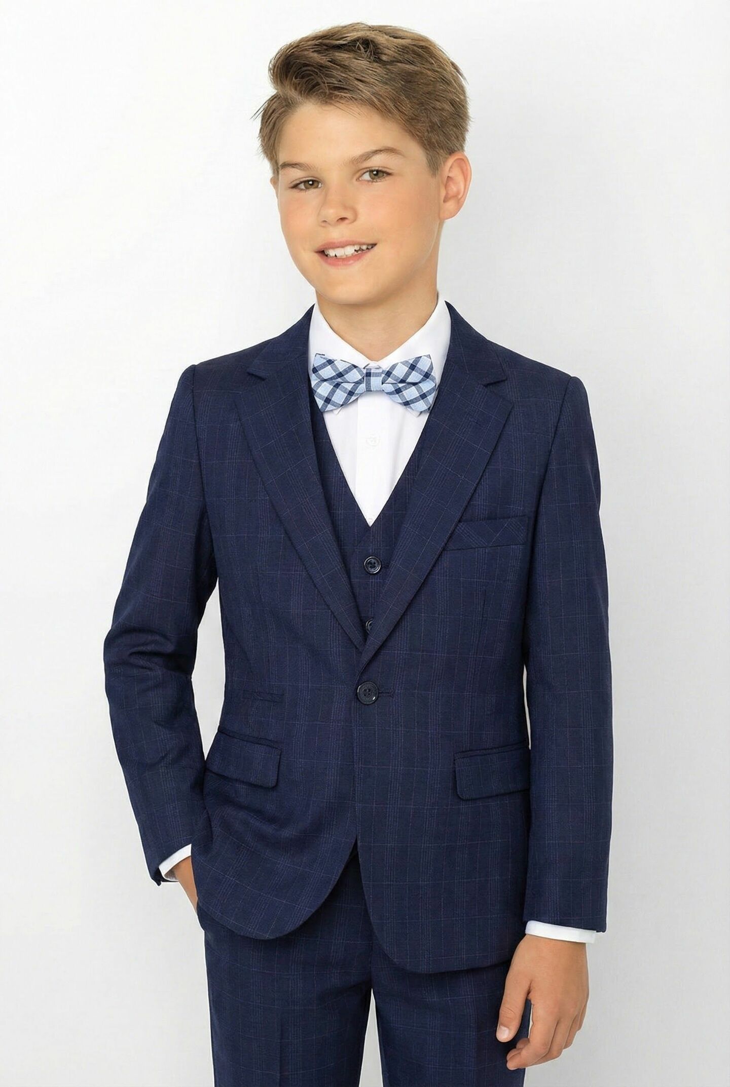 Justin Navy Windowpane Check 3-Piece Boys Formal Suit Jacket Waistcoat & Trousers | Lucy's