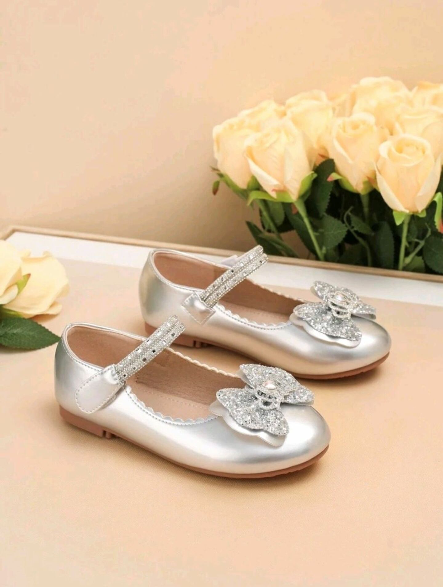 Silver Rhinestone Butterfly Bow Mary Jane Dress Shoes for Girls | Lucy's