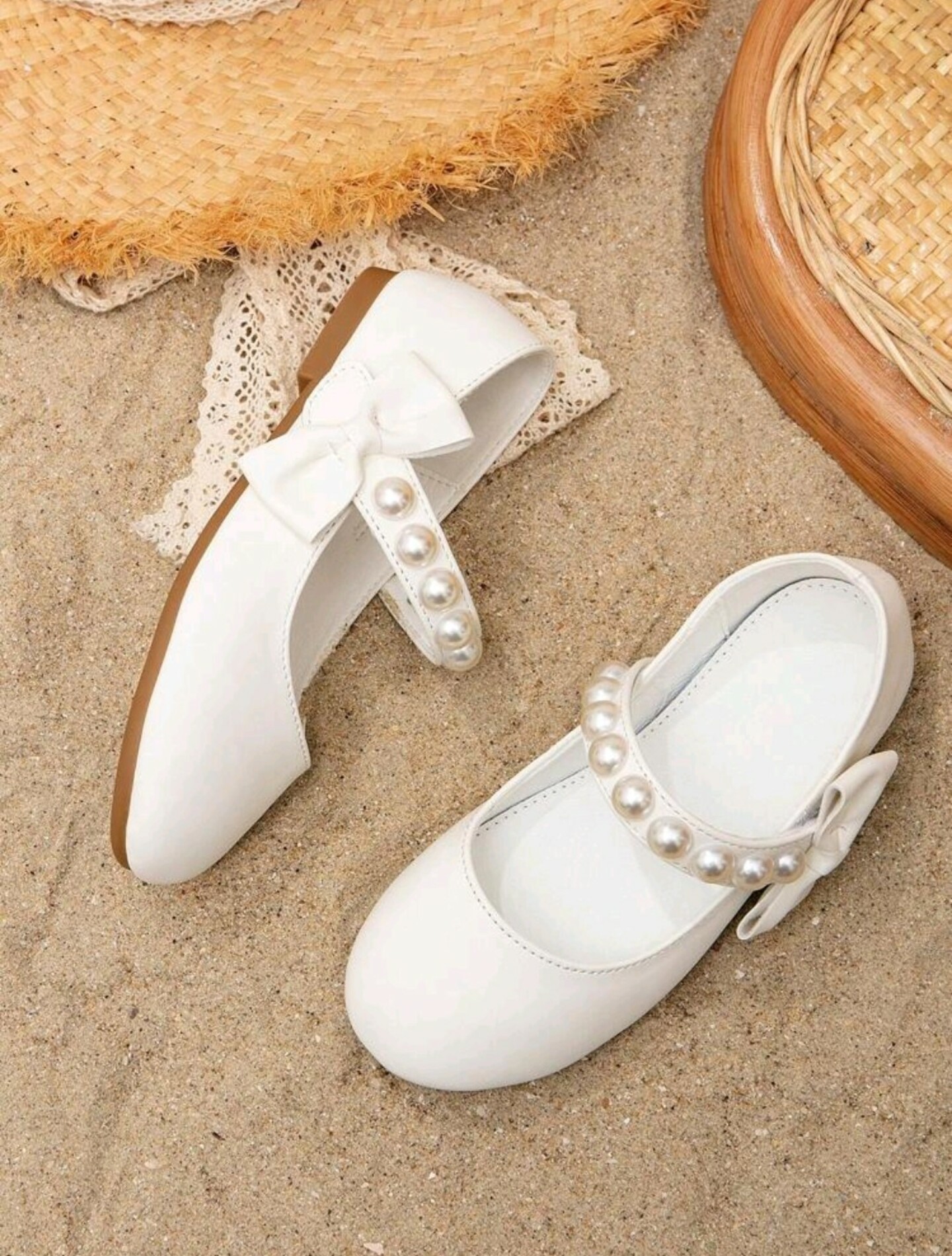 White Pearl-Embellished Mary Jane Dress Shoes with Bow for Girls | Lucy's