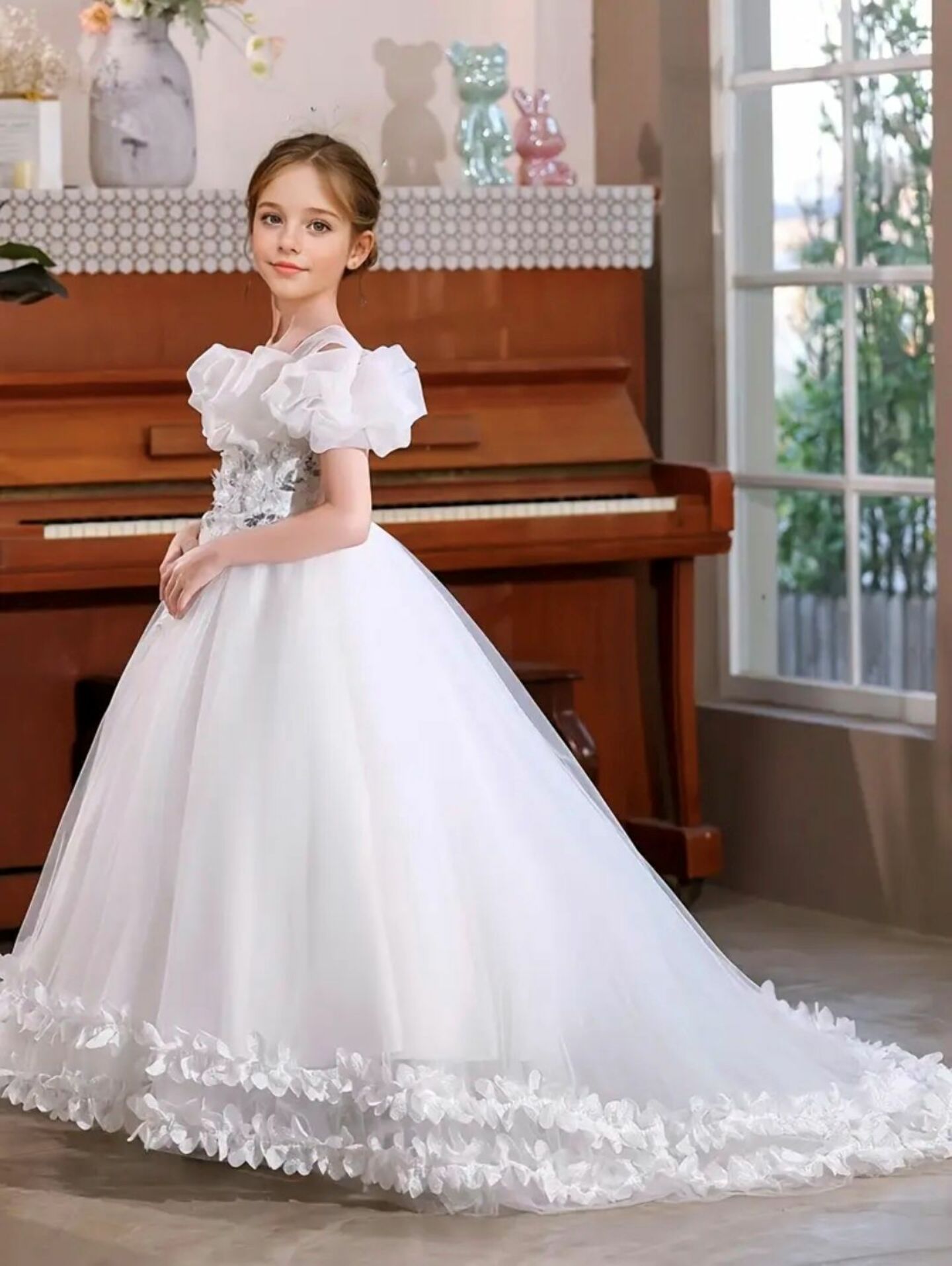 Lindsay Off-Shoulder Cathedral Train Ball Gown with Ruffle Sleeves White | Lucys