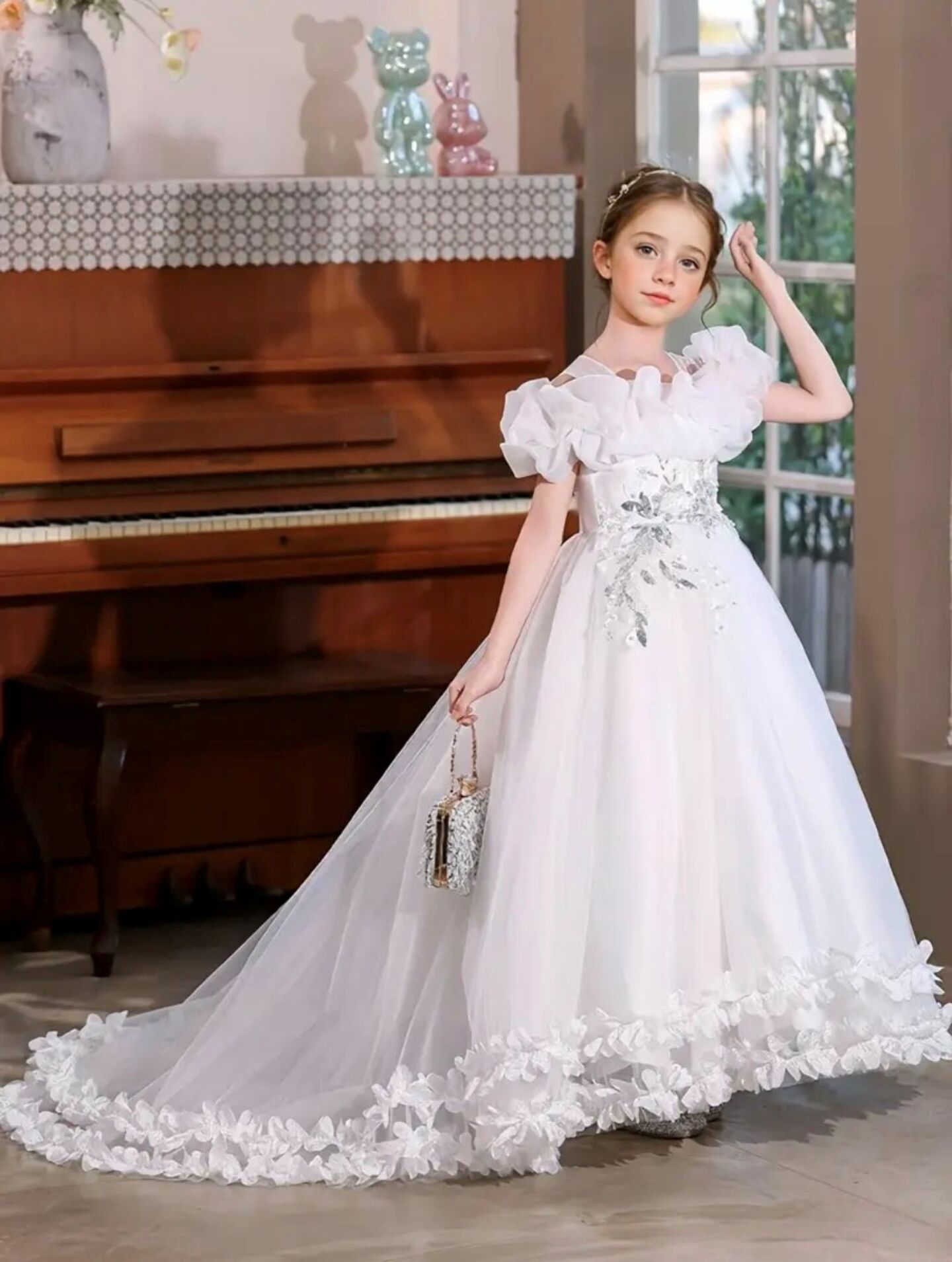 Lindsay Off-Shoulder Cathedral Train Ball Gown with Ruffle Sleeves White | Lucys